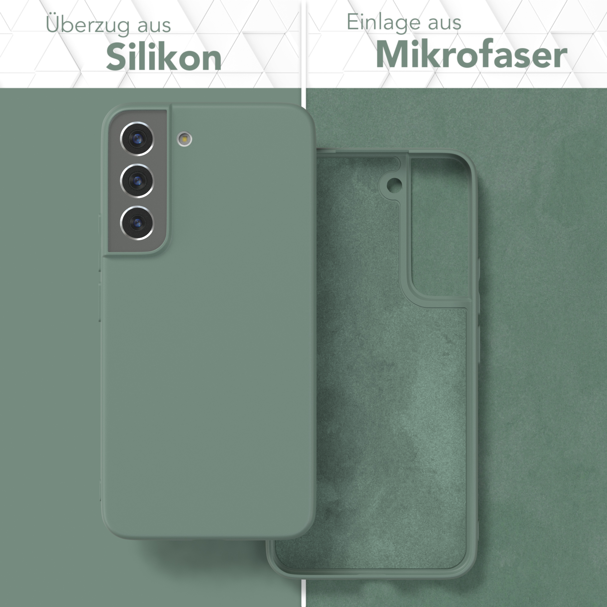 Handyhülle mit grünem Silikon außen und Mikrofaser innen, mit einem Vergleich nebeneinander.