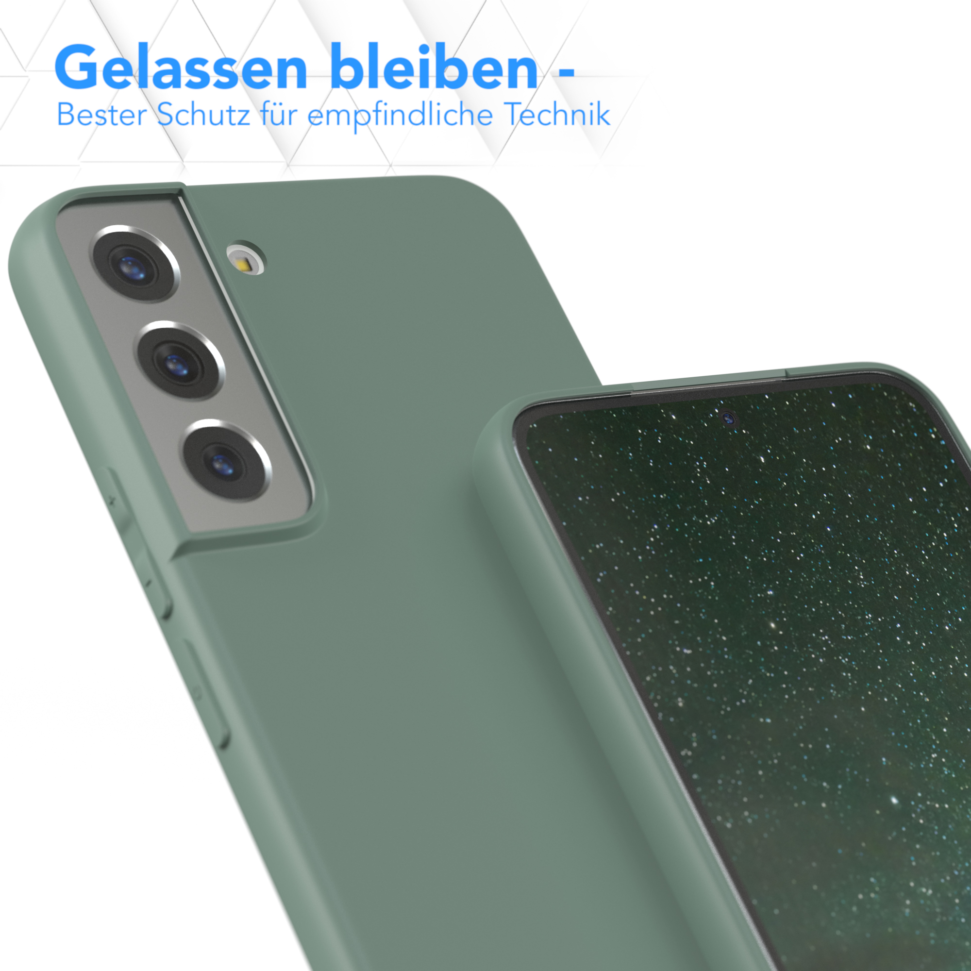 Grüne Handyhülle mit weißem Hintergrund. Text oben. Weißer Hintergrund.