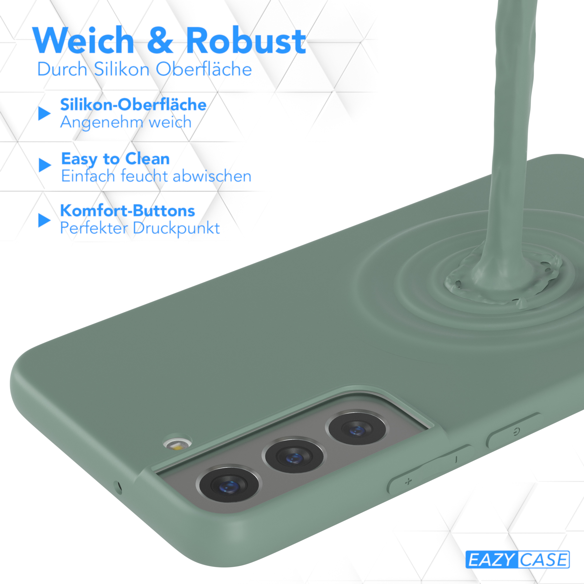 Nahaufnahme einer grünen Handyhülle mit einem Telefon. Die Hülle bedeckt die Rückseite des Telefons.