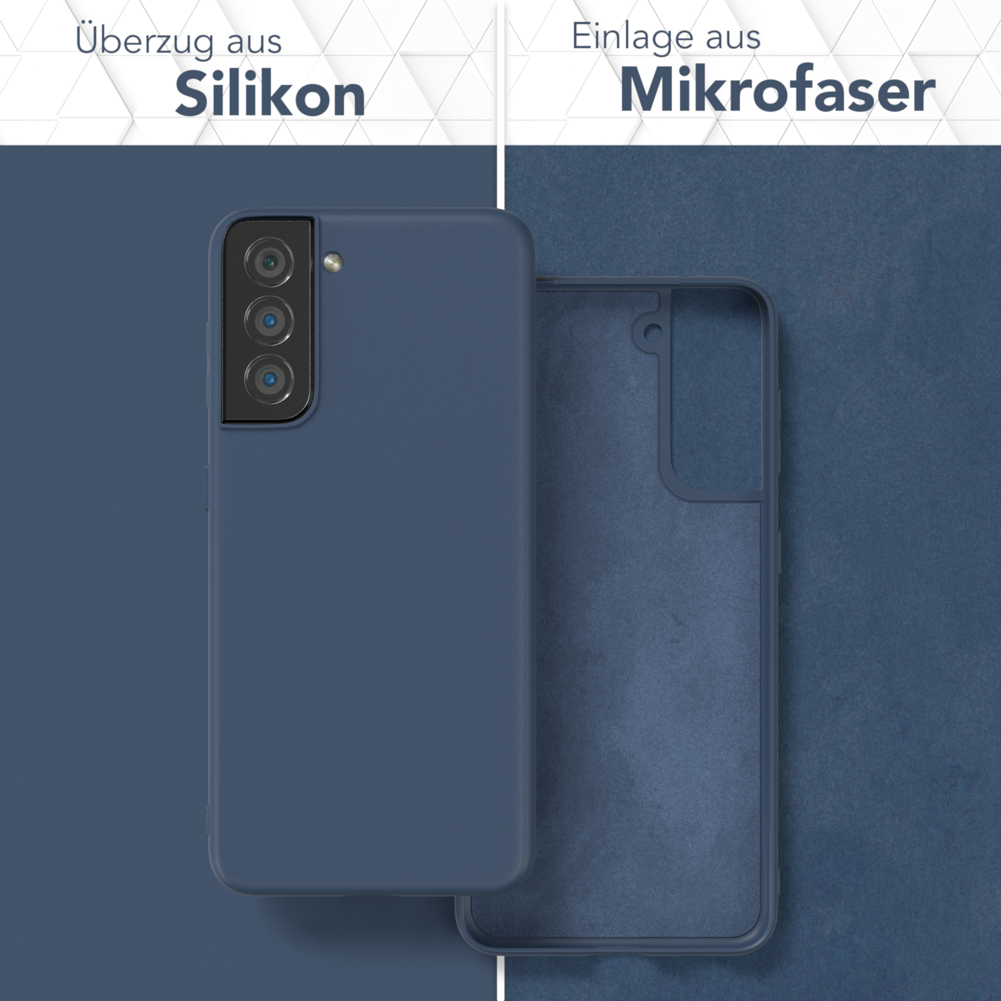 Zwei dunkelblaue Handyhüllen, eine zeigt die Innenseite. Text sagt Beschichtung aus Silikon, innen Mikrofaser.