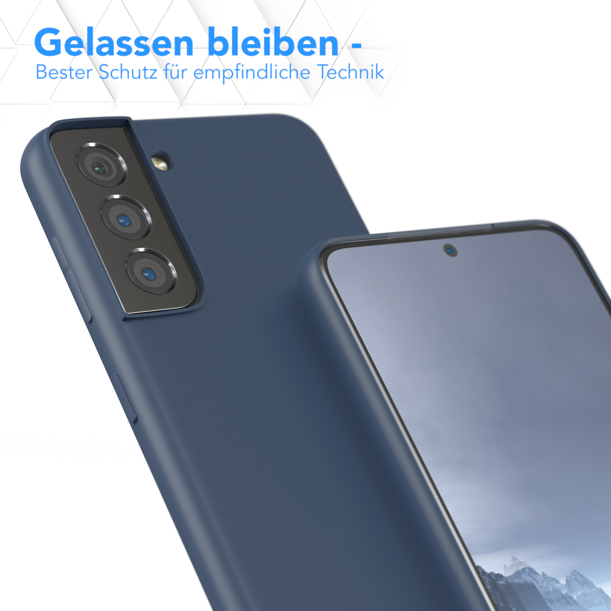 Eine dunkelblaue Handyhülle und ein Telefon, das die Rückseite des Telefons mit Kameras zeigt.