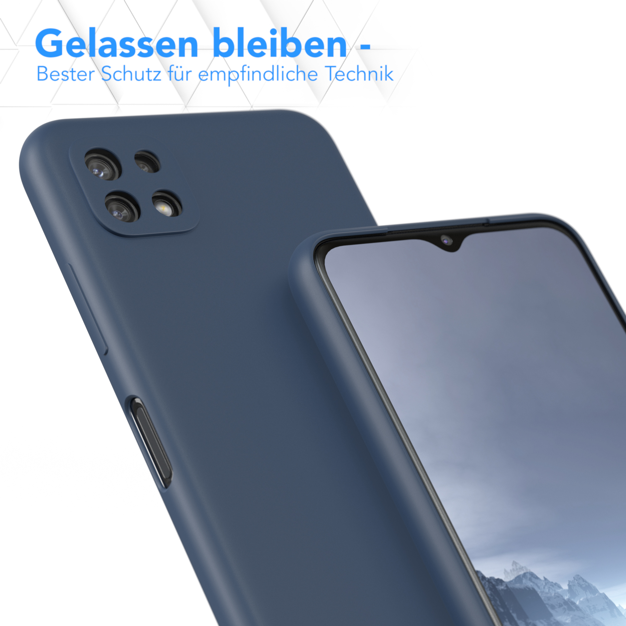 Nahaufnahme einer blauen Handyhülle und eines Telefons mit Displayschutzfolie.