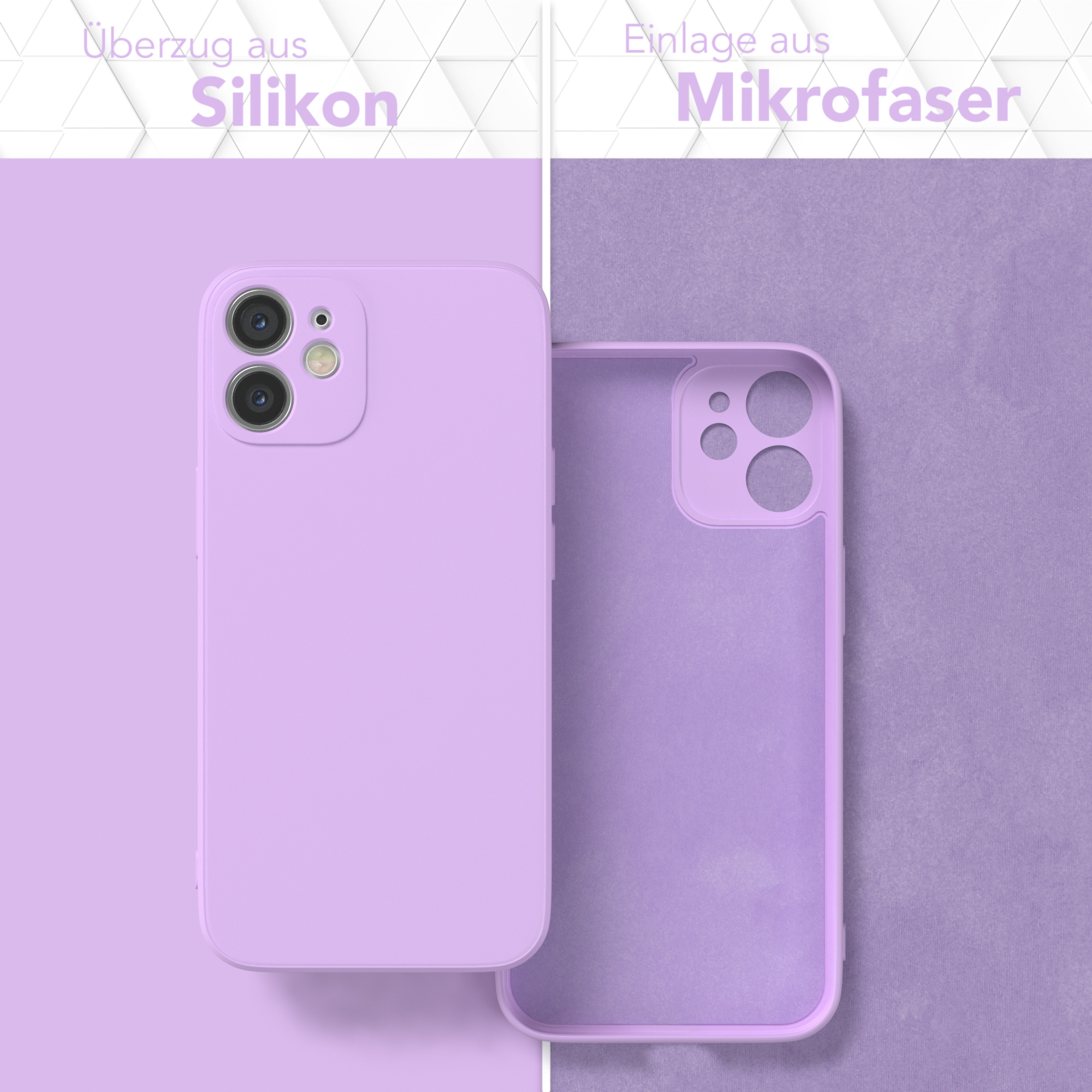 Zwei Handyhüllen, eine mit Telefon, in Lila. Der Text ist auf Deutsch: Silikonbeschichtung und Mikrofaser.