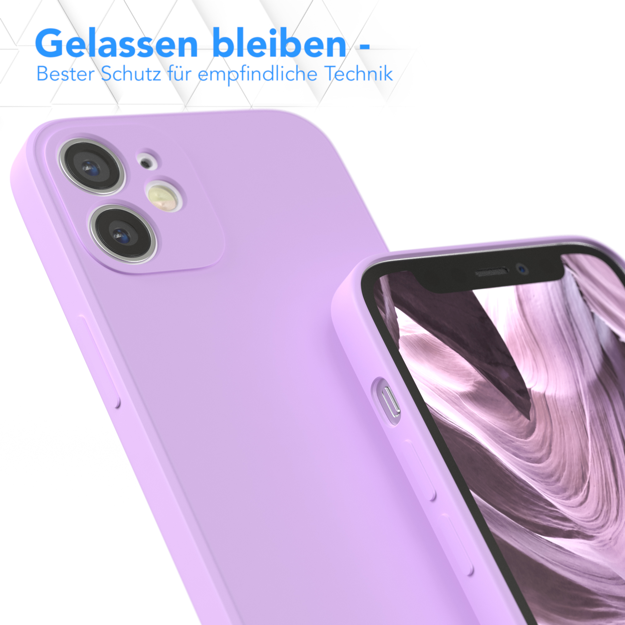 Nahaufnahme einer lilafarbenen Handyhülle neben einem Handy, das den Bildschirm zeigt. 