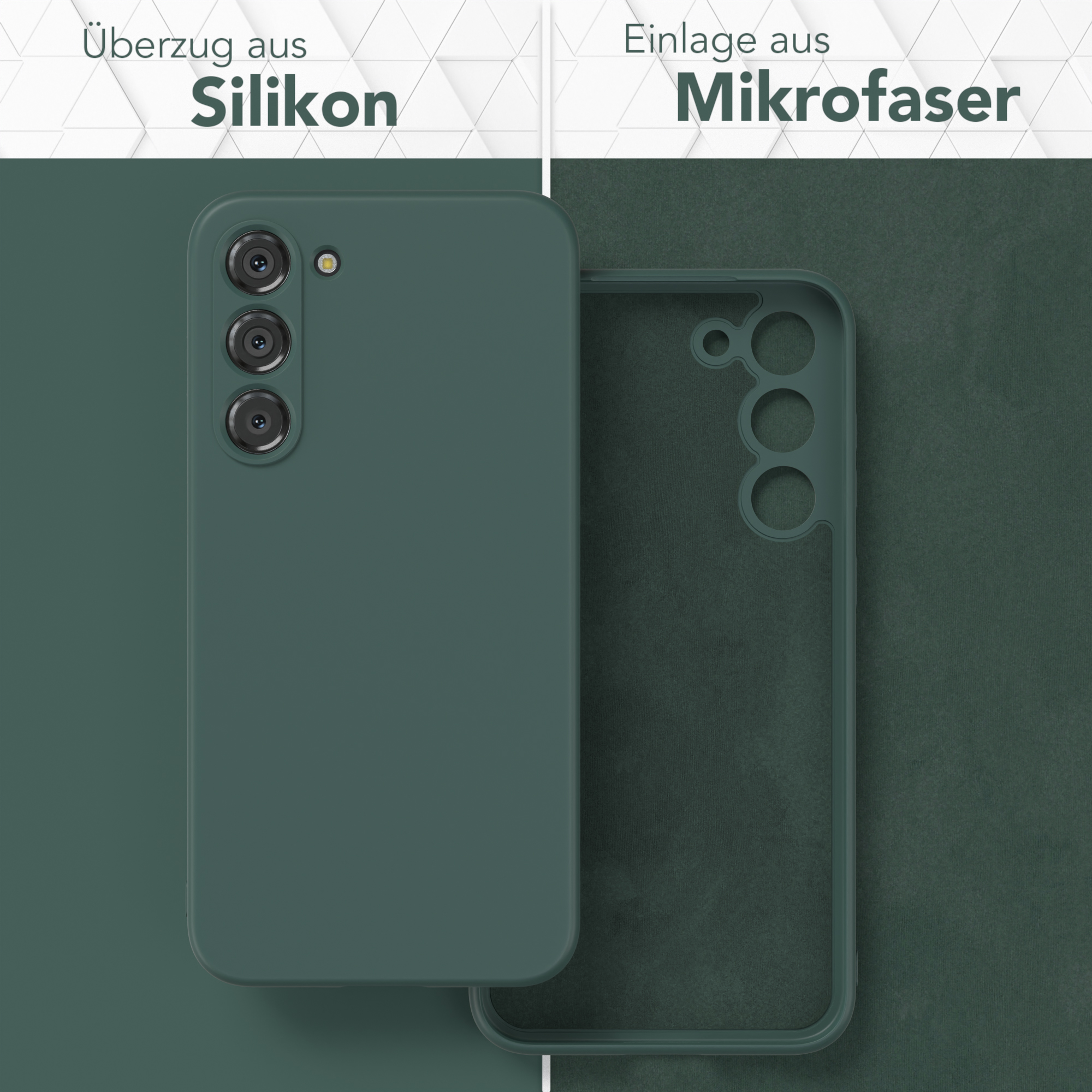 Zwei Handyhüllen: eine auf dem Telefon, eine die Innenseite. Grüne Farbe.