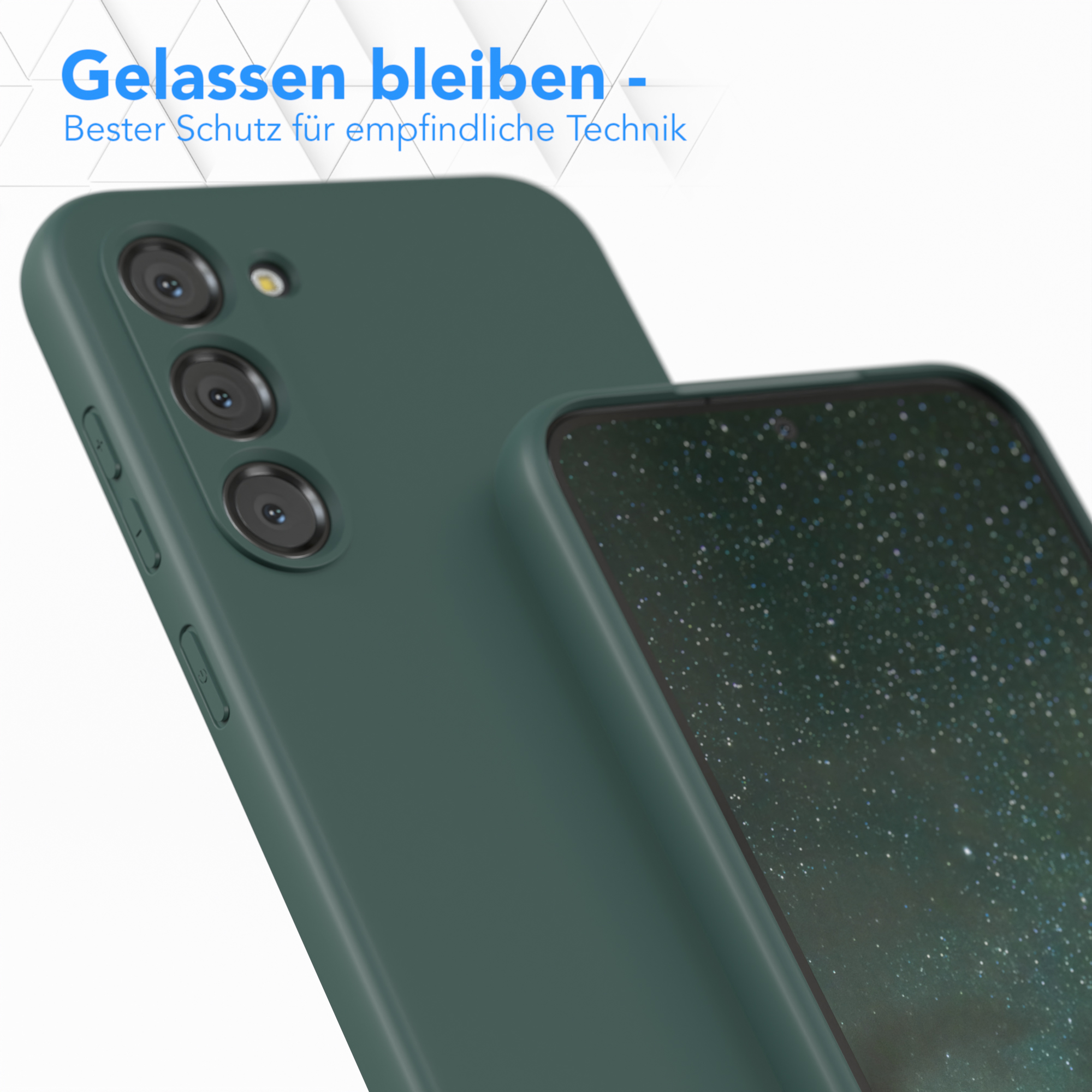 Grüne Handyhülle, Nahaufnahme, mit Kamera. Text: 'Gelassen bleiben - Bester Schutz für empfindliche Technik'.