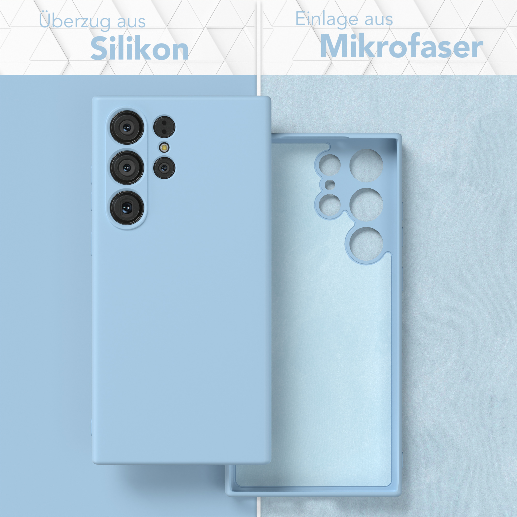 Zwei Handyhüllen, eine blaue, eine mit einem Telefon darin. Silikon außen, Mikrofaser innen.