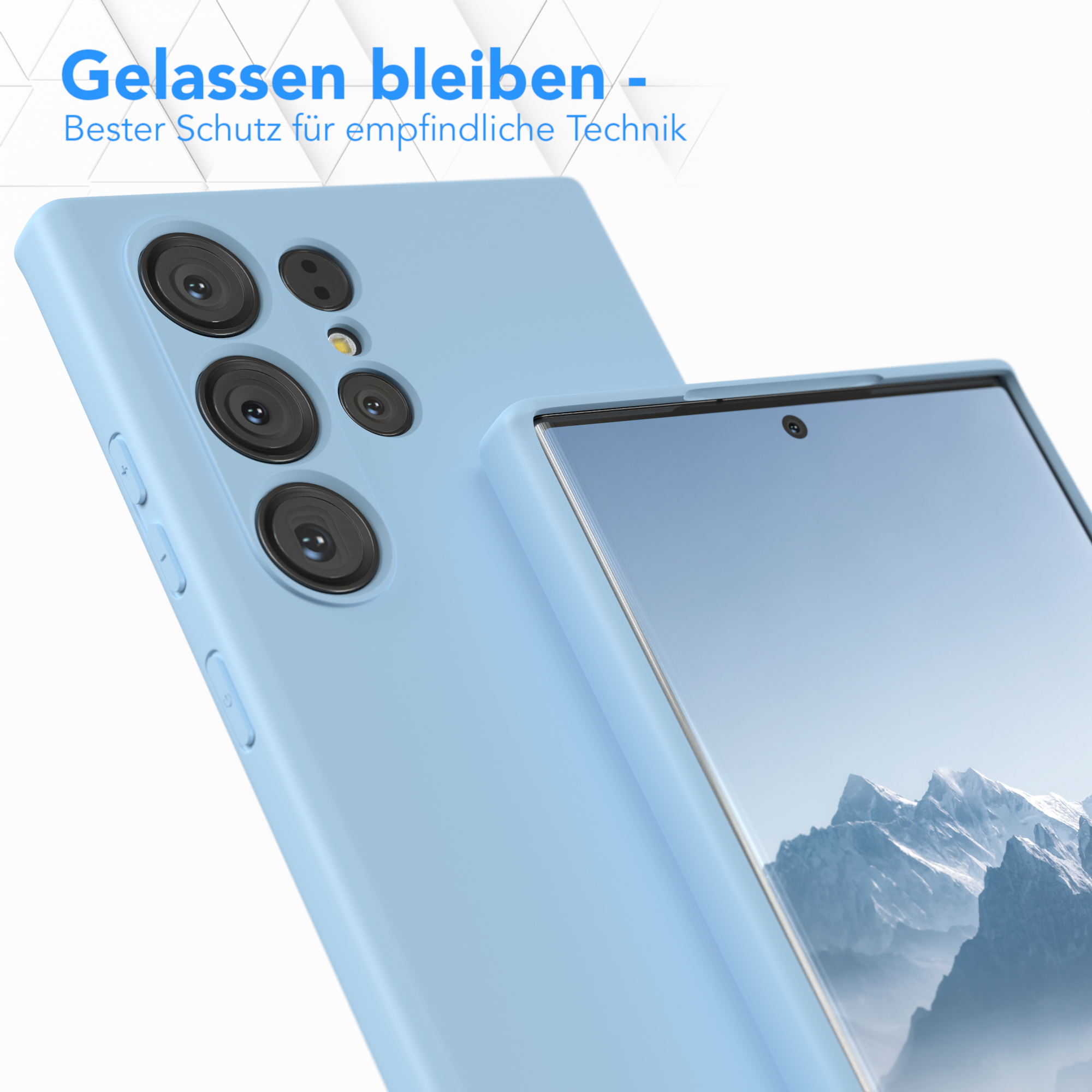 Nahaufnahme einer hellblauen Handyhülle mit einem Telefon, das den Bildschirm zeigt.
