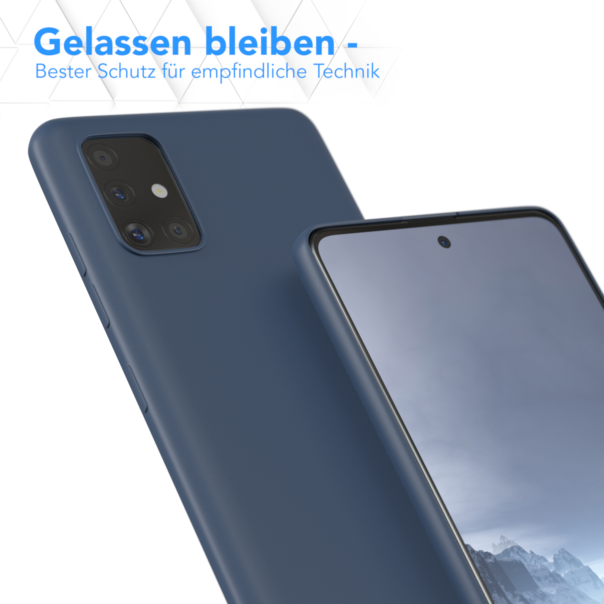 Dunkelblaue Handyhülle und Handy vor weißem Hintergrund.