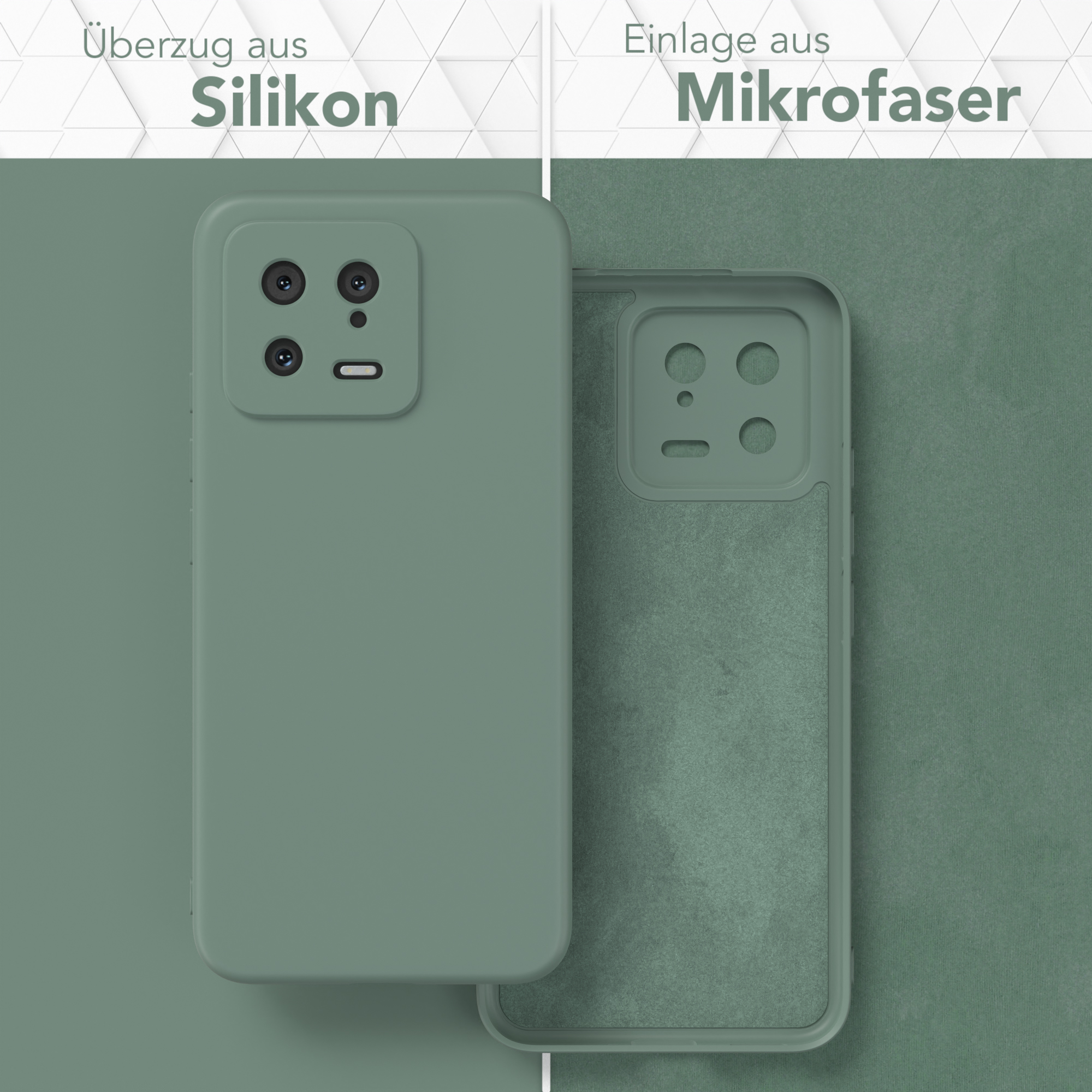 Zwei Handyhüllen, eine grün, die andere geöffnet mit Mikrofaser-Innenseite. Text: Silikon und Mikrofaser.
