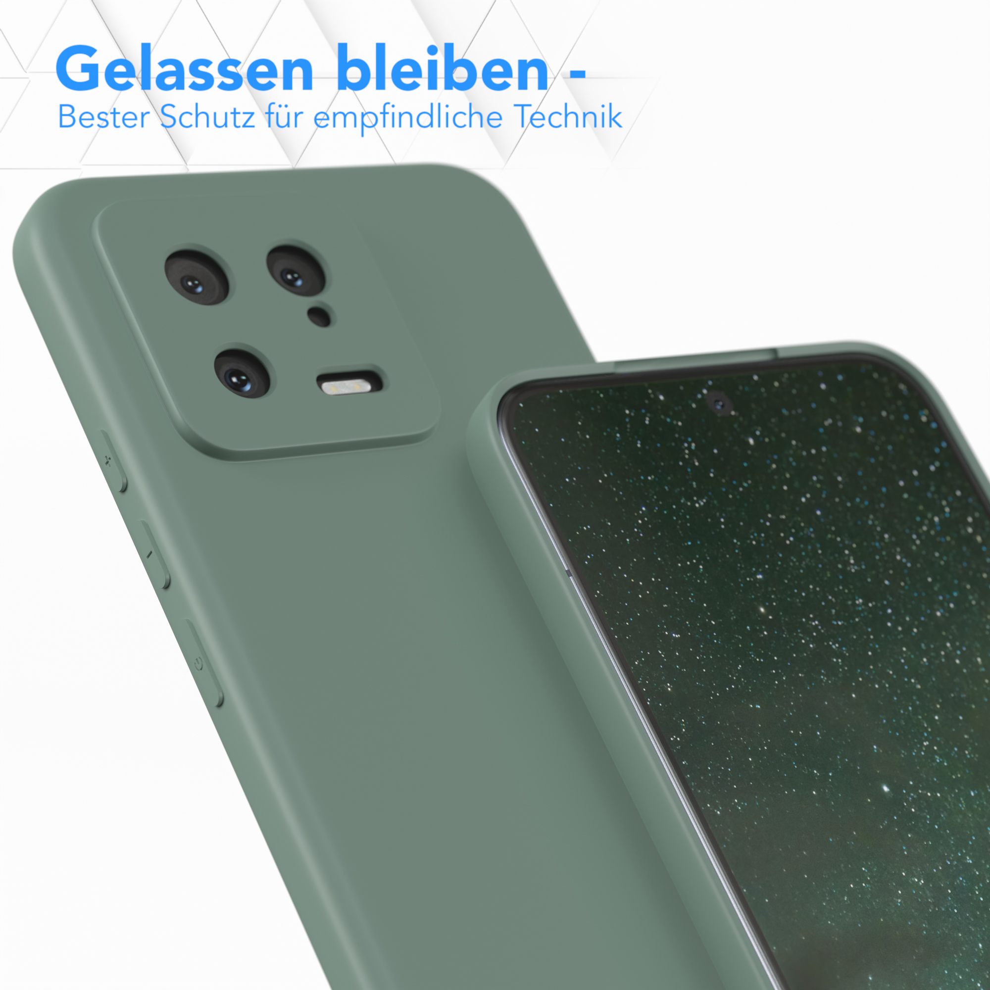 Grüne Handyhülle, die ein Telefon schützt. Text: Gelassen bleiben - Bester Schutz.