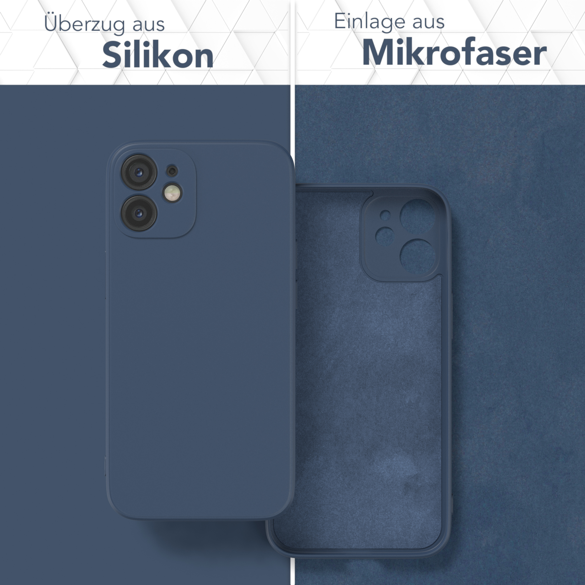 Zwei Handyhüllen. Eine marineblau, eine transparent, zeigt das Innere des Telefons, Silikon.