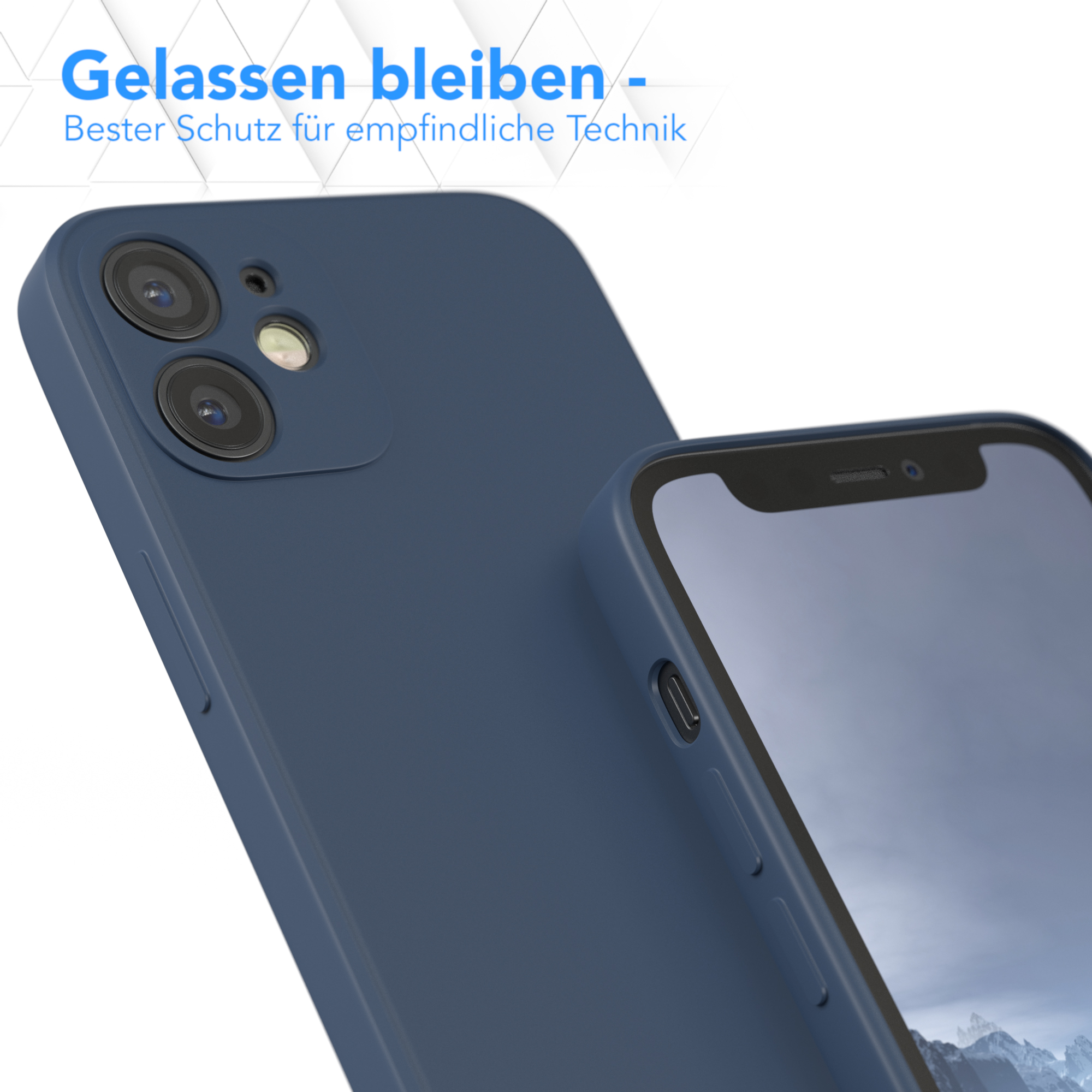 Dunkelblaue Handyhülle neben einem Telefon. Die Hülle liegt auf einer weißen Oberfläche.
