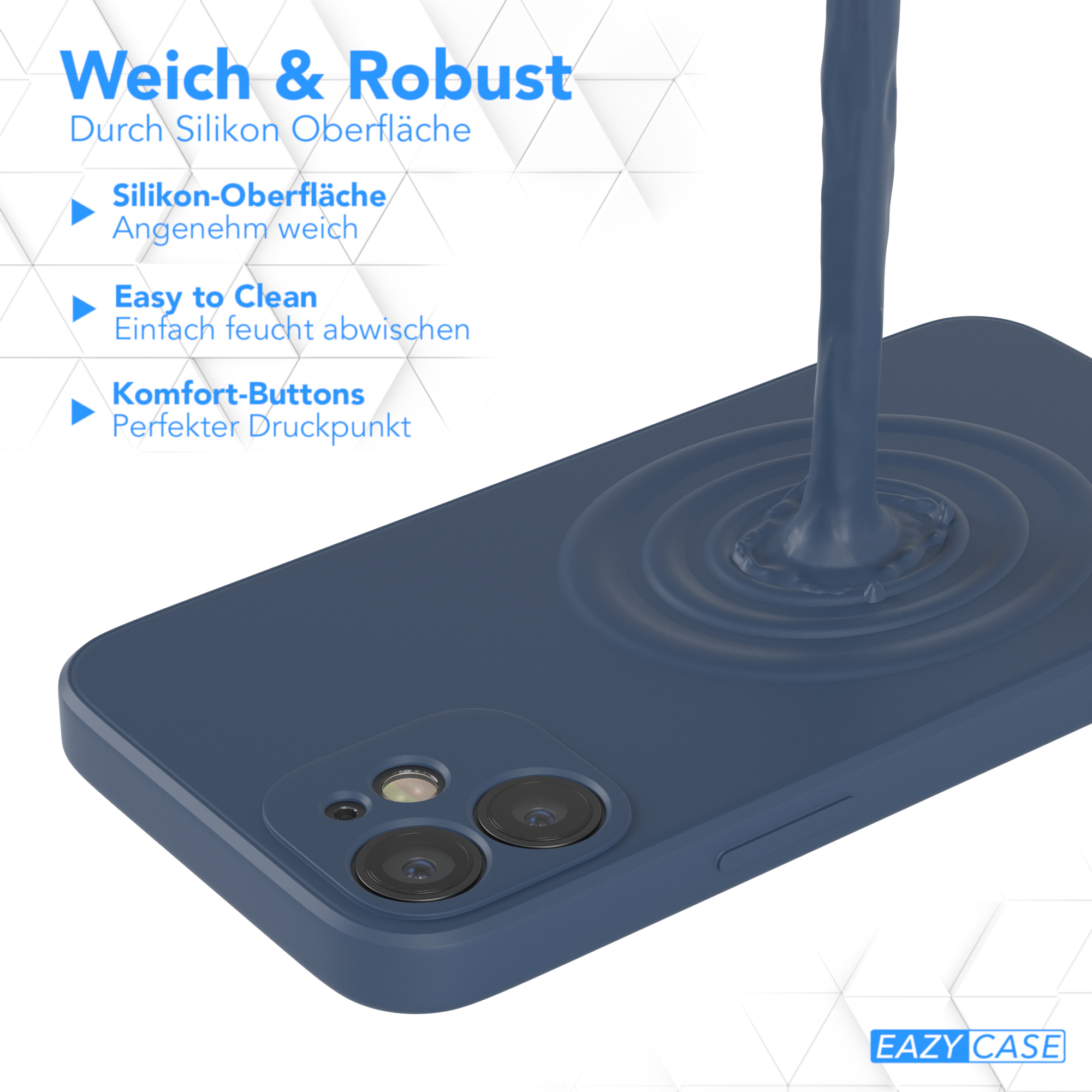 Telefonhülle mit blauem Flüssigkeitsguss. Text: Weich & Robust, Easy to Clean.
