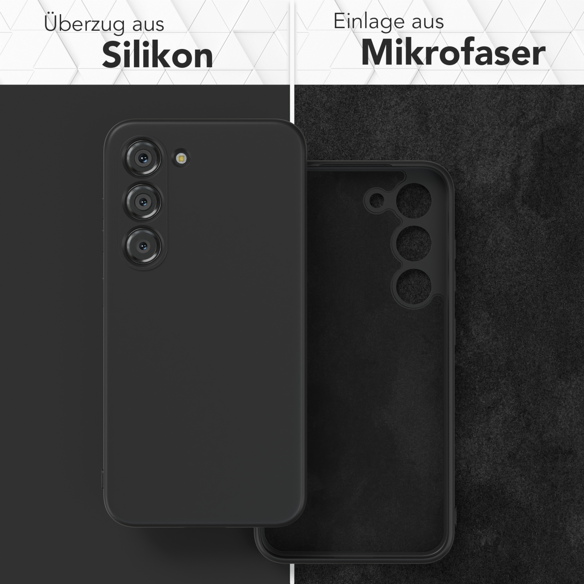 Zwei schwarze Handyhüllen, eine offen, um die Innenseite zu zeigen, und die andere geschlossen.