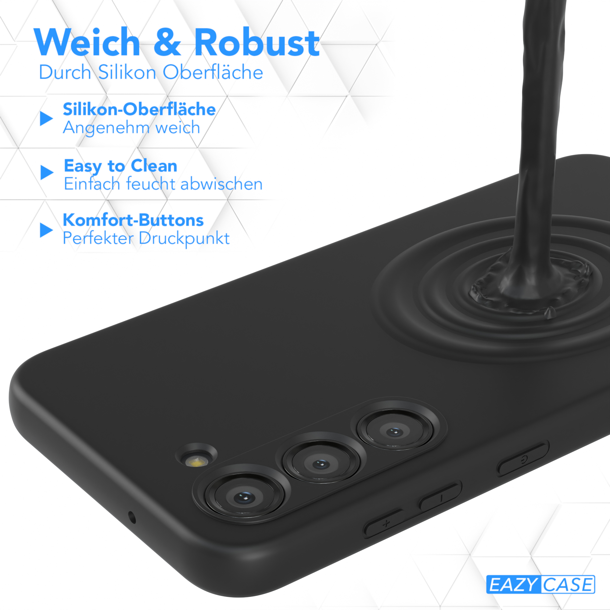 Eine schwarze Flüssigkeit wird auf eine schwarze Handyhülle gegossen. Text beschreibt das Produkt als weich und leicht zu reinigen.