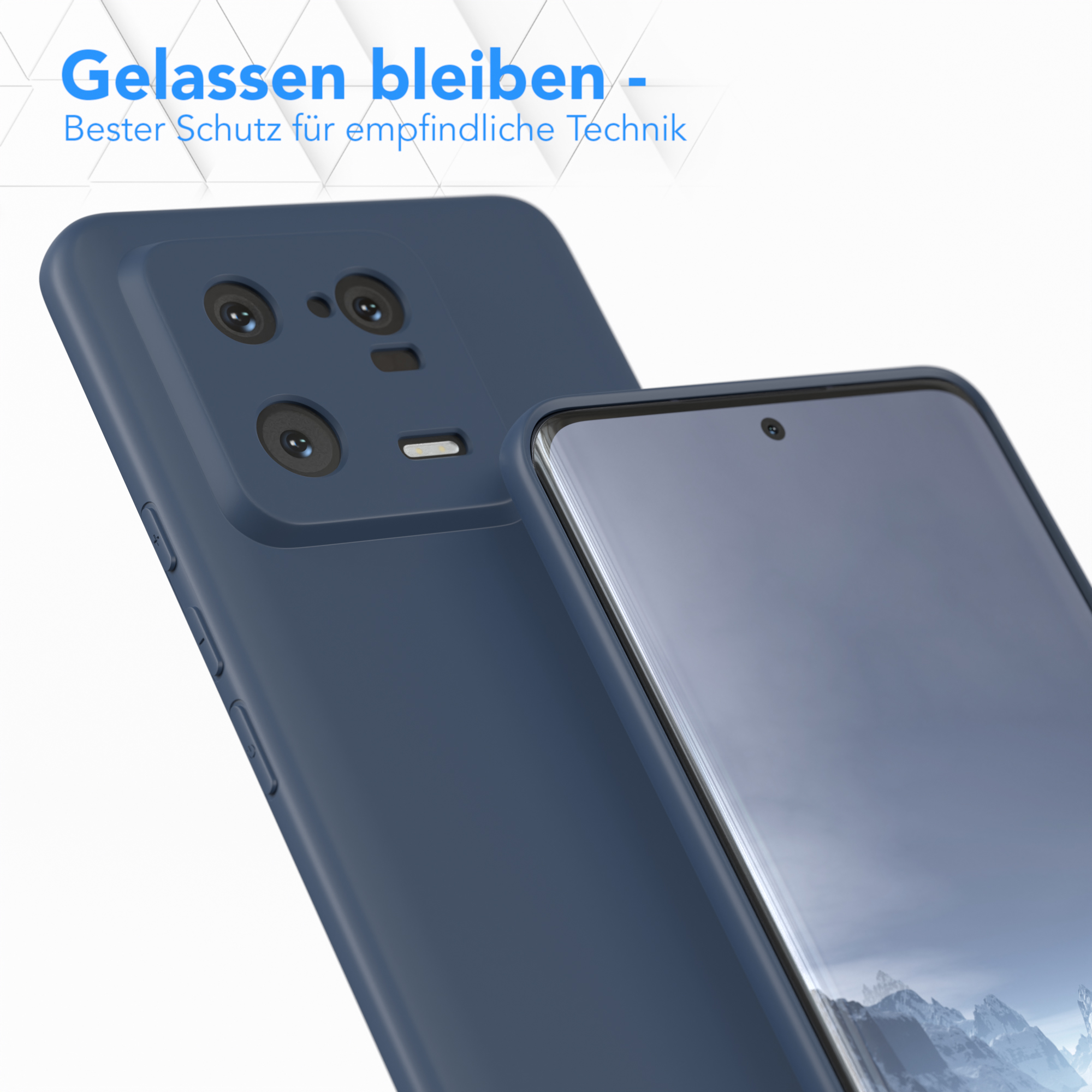 Ein Telefon mit marineblauer Hülle und Displayschutzfolie daneben.
