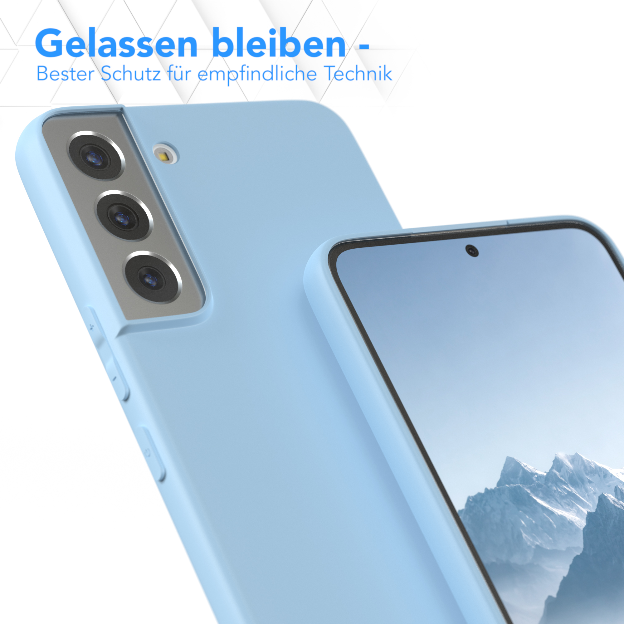 Hellblaue Handyhülle schützt ein Telefon. Ein zweites Telefon zeigt eine Landschaft.