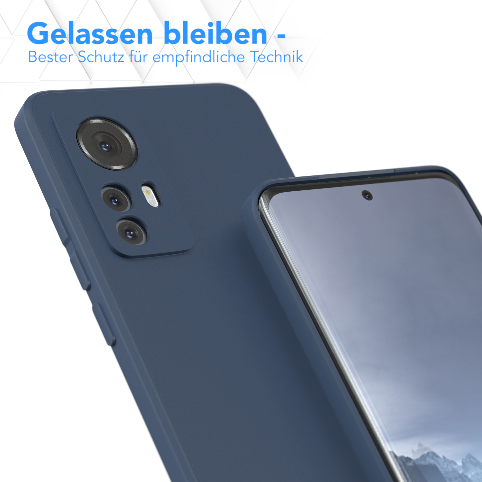Eine blaue Handyhülle mit einem Telefon darin. Das Telefon ist rechts.