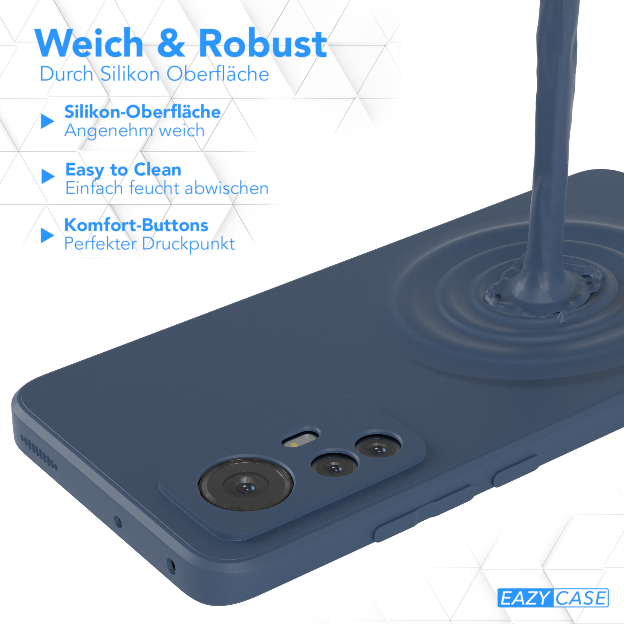 Blaue Handyhülle mit glatter Oberfläche. Flüssigkeit wird darüber gegossen.