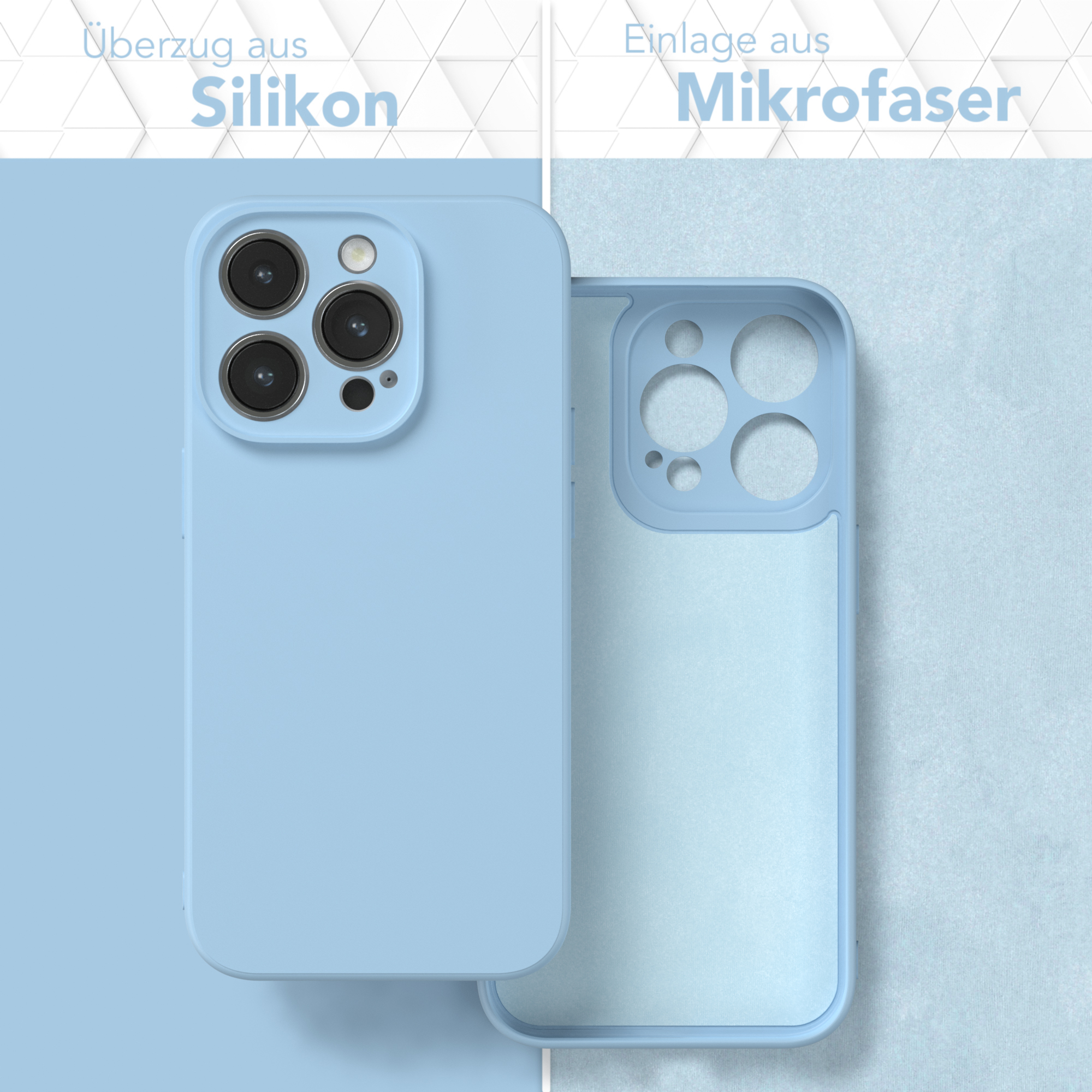 Zwei Handyhüllen, eine hellblau. Die obere Hülle ist aus Silikon. Die hintere Hülle hat Mikrofaserfutter. Text: 'Silikon, Mikrofaser'.
