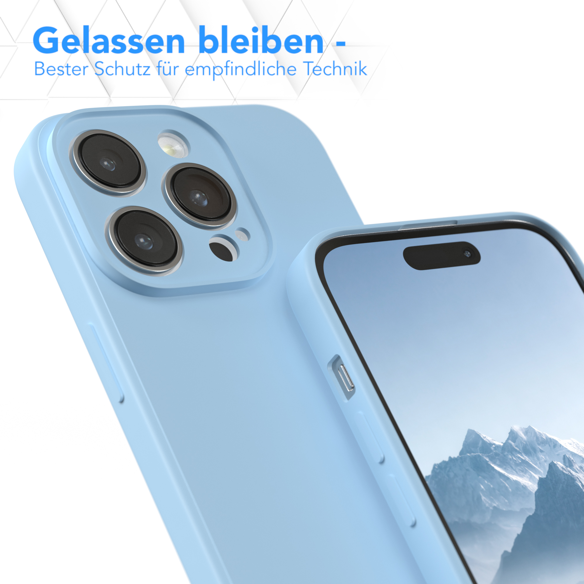 Hellblaue Handyhülle mit einem Telefon darin. Das Telefon zeigt einen Bildschirm.