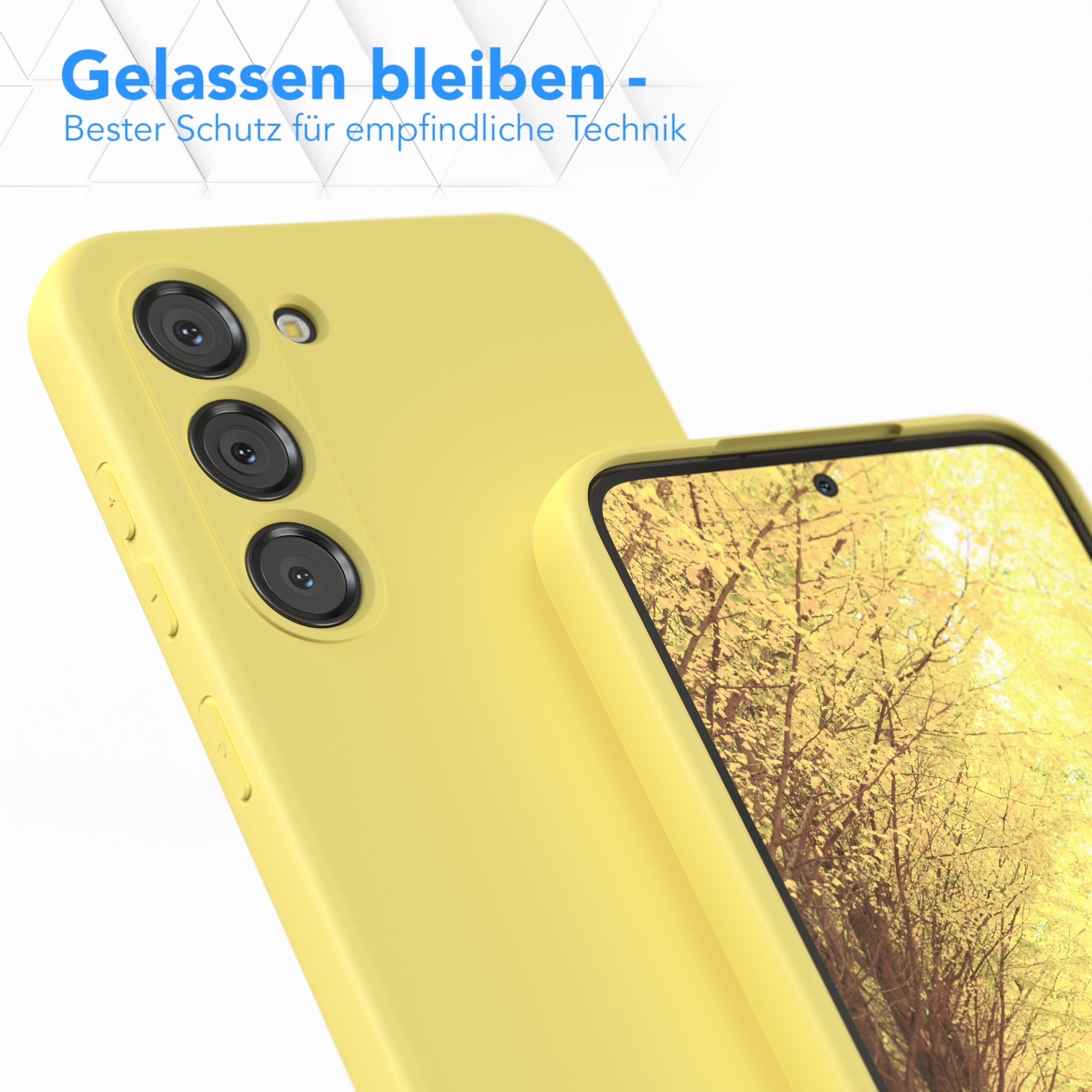 Gelbe Handyhülle mit drei Kameralinsen. Eine weitere Hülle im Hintergrund.