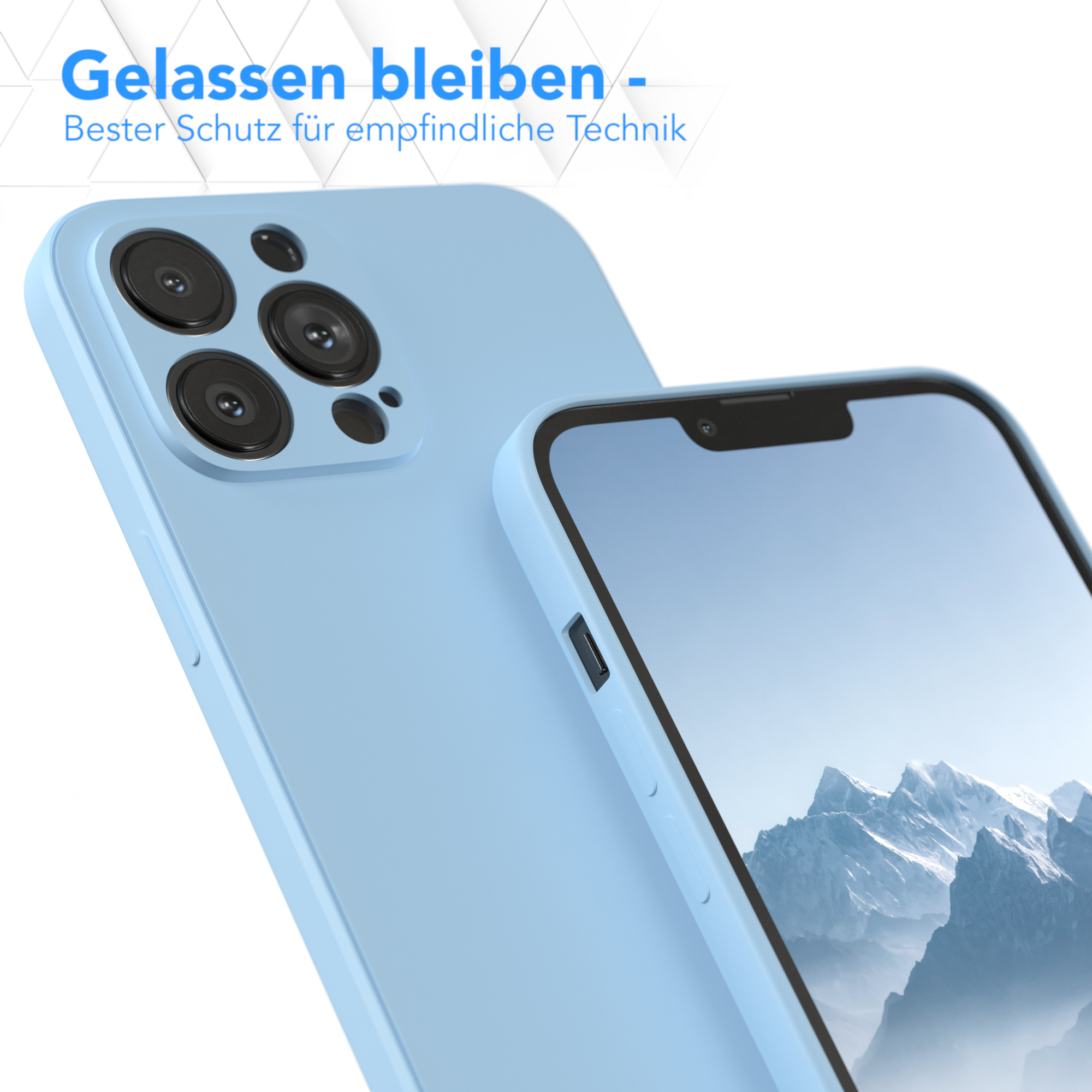 Nahaufnahme einer blauen Handyhülle mit einem Telefon. Die Hülle bedeckt Rückseite und Kameras.