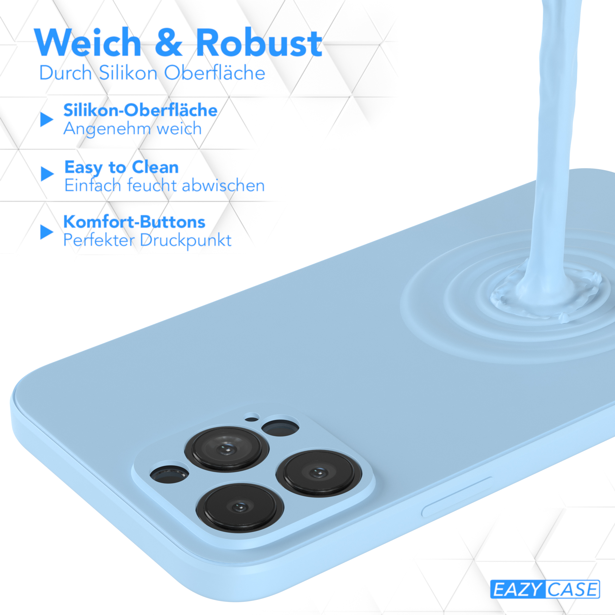 Blaue Handyhülle mit Informationen. Text: Weich & Robust, Easy to Clean, Komfort-Buttons.