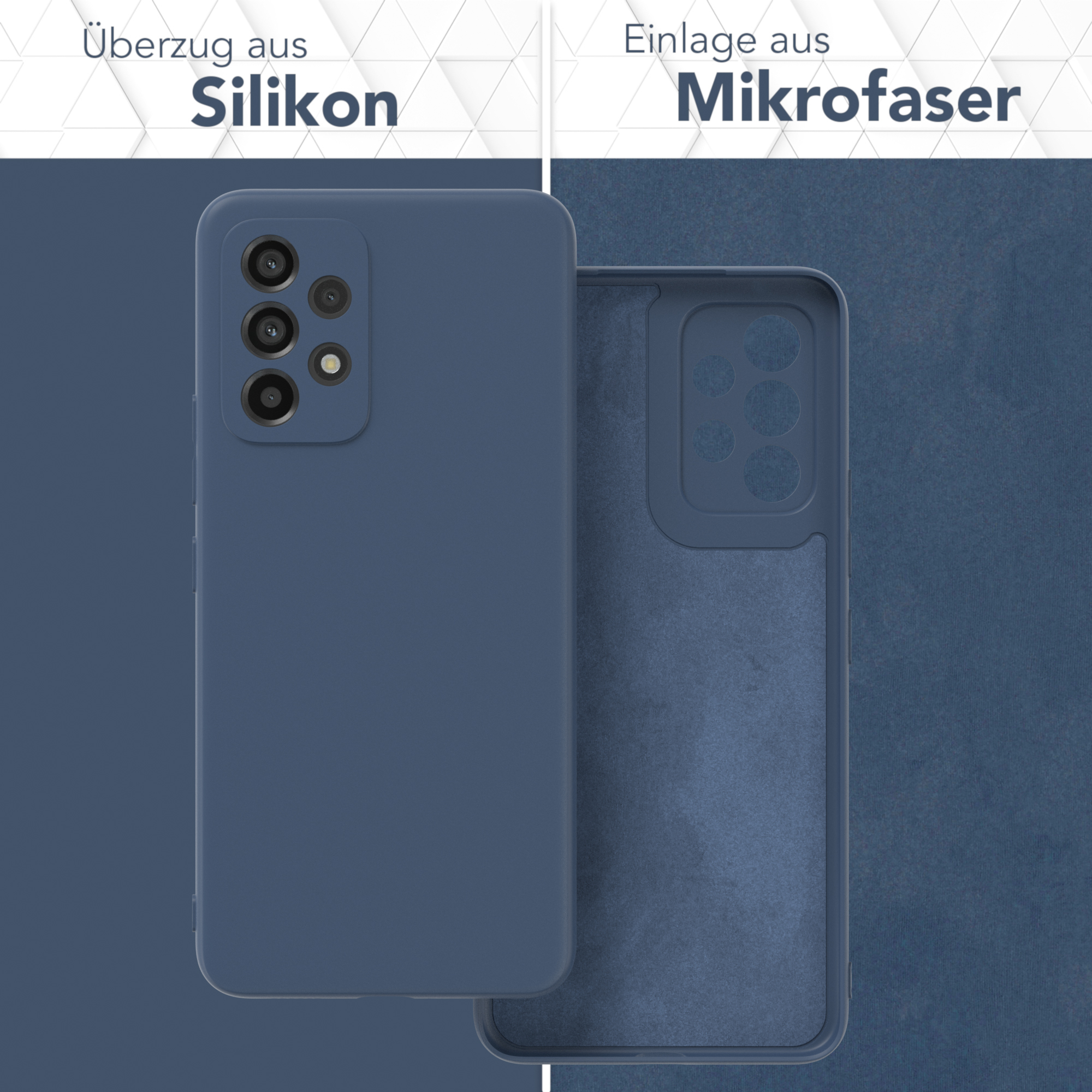 Eine dunkelblaue Handyhülle, geöffnet, mit einem Telefon und seinem Mikrofaser-Innenraum.