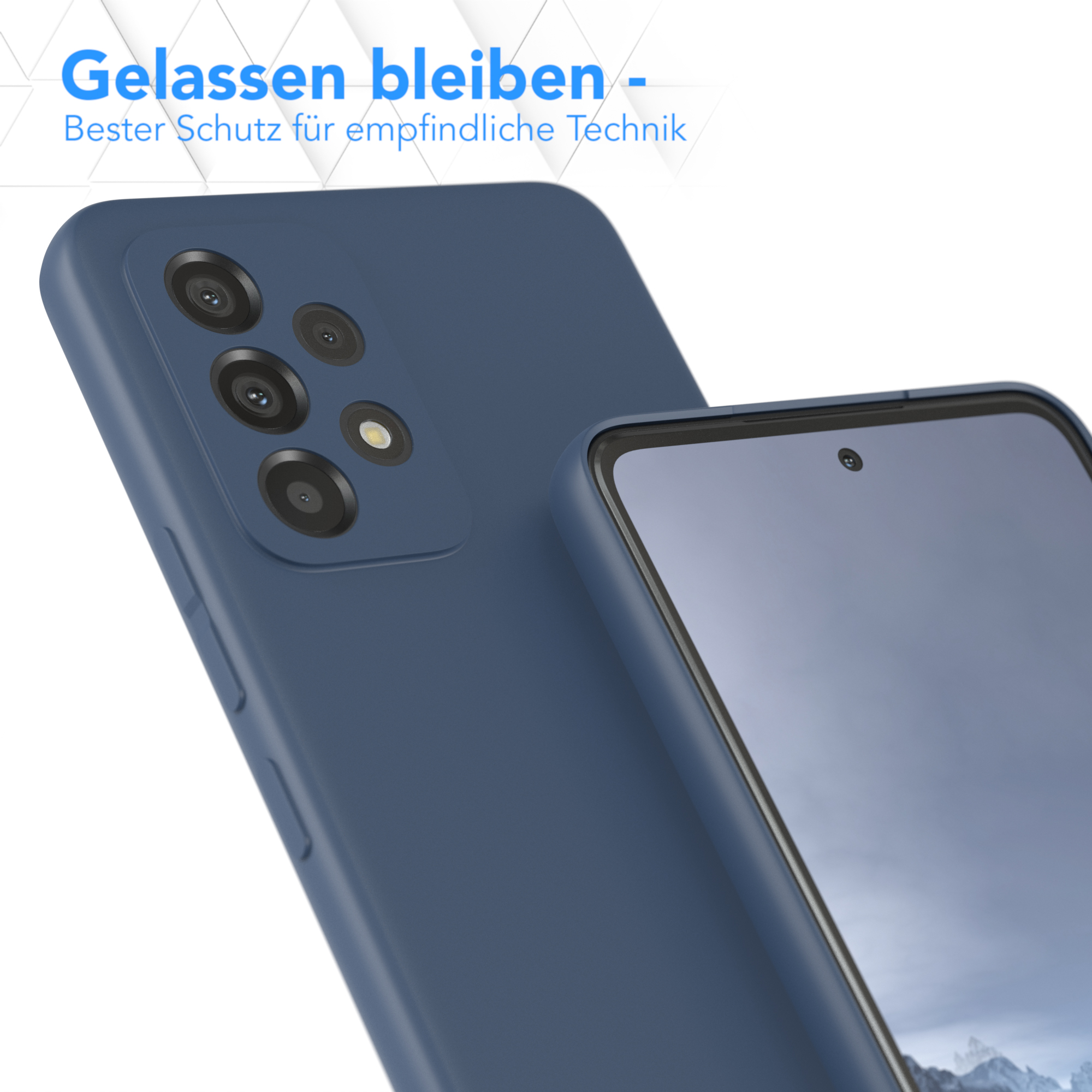 Nahaufnahme einer dunkelblauen Handyhülle mit einem Telefon, das den Bildschirm zeigt.