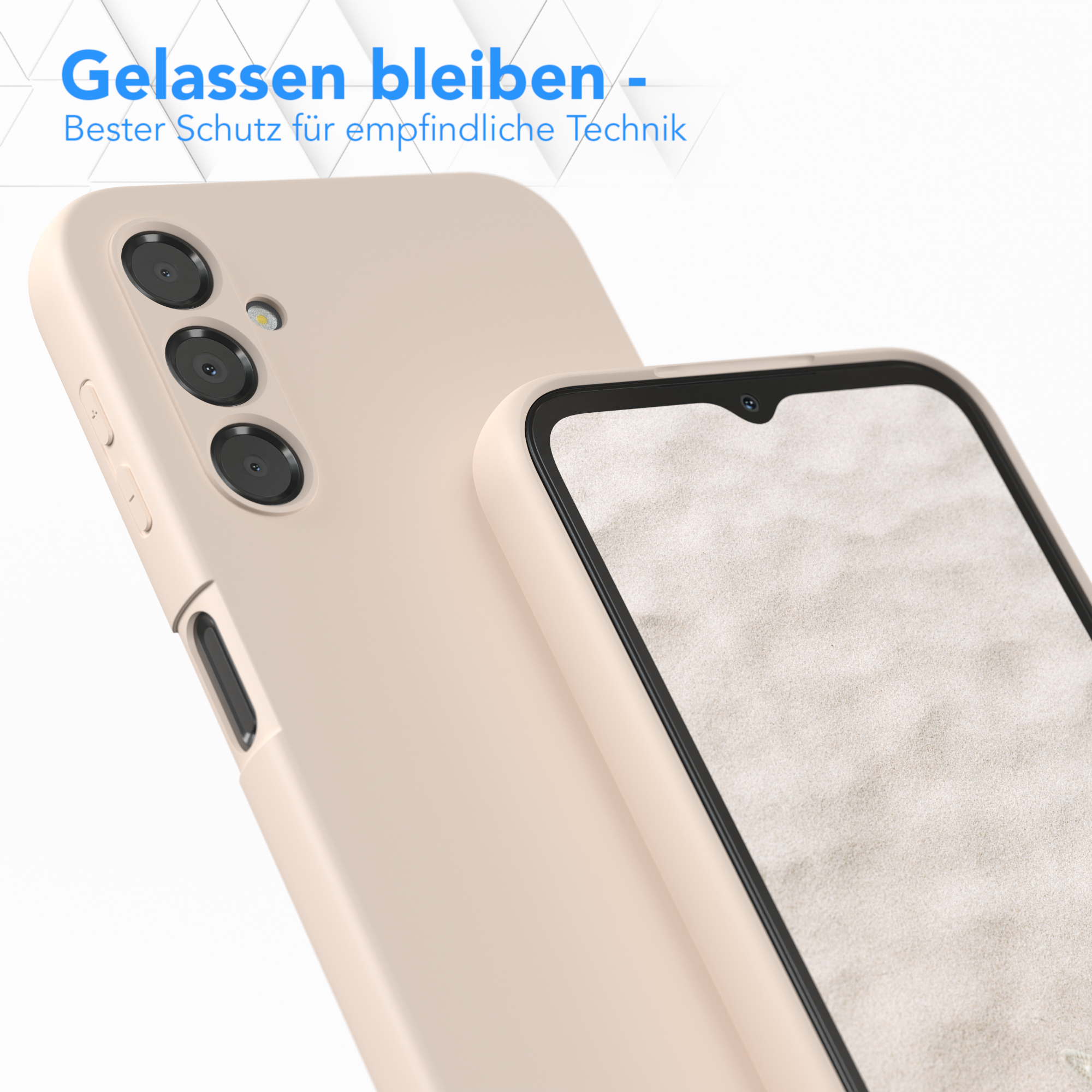 Handyhülle und Displayschutz, Handyhülle ist beige.