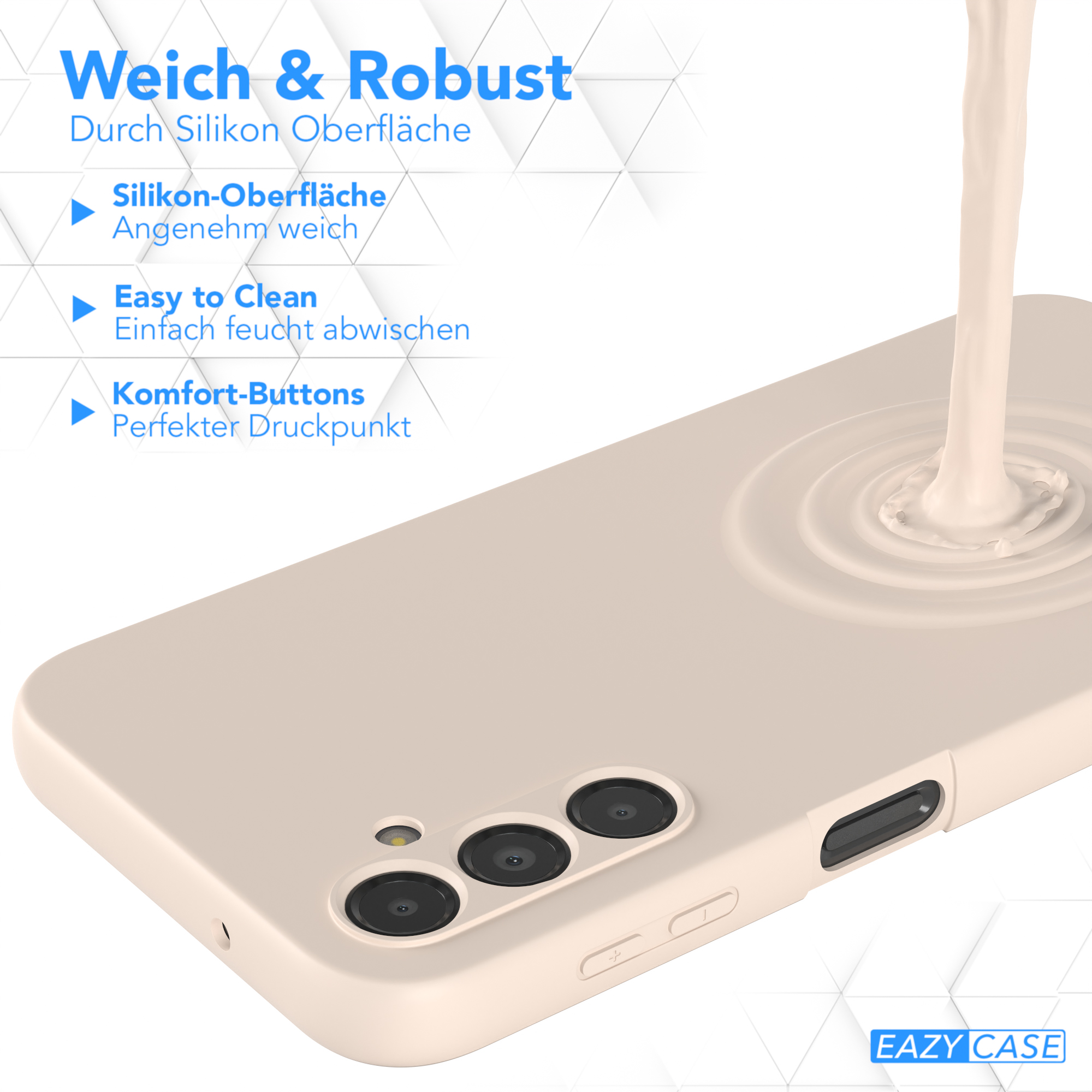 Beige Handyhülle mit weißer Flüssigkeit. Text auf Deutsch.