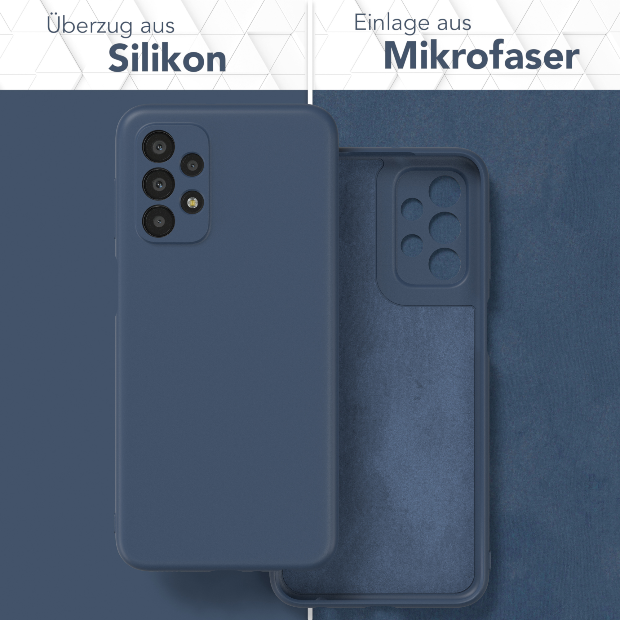 Zwei Handyhüllen. Eine ist marineblau, die andere ist die Innenseite mit Mikrofaser.