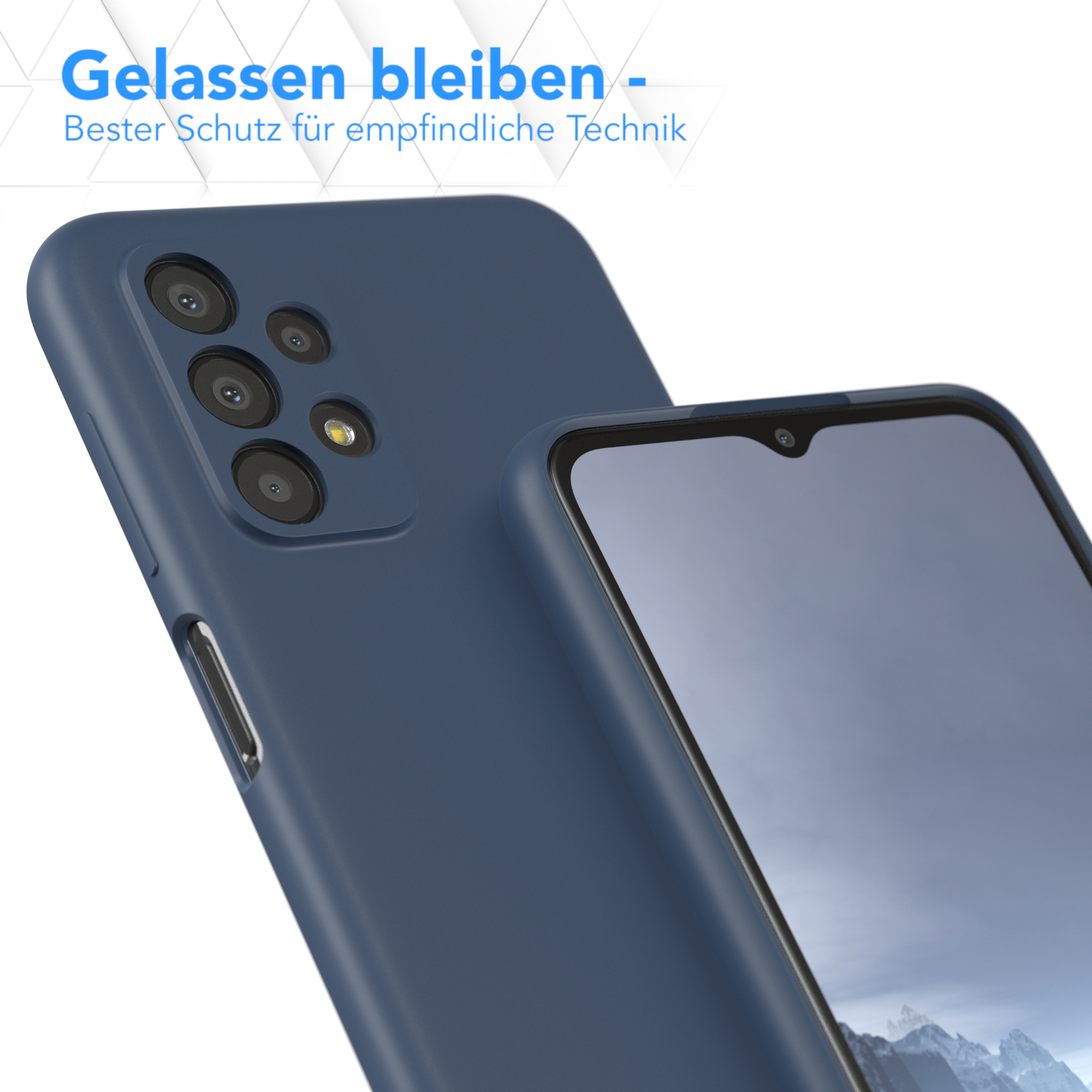Zwei blaue Handyhüllen, eine oben, zeigt Kamera und Bildschirm des Telefons.