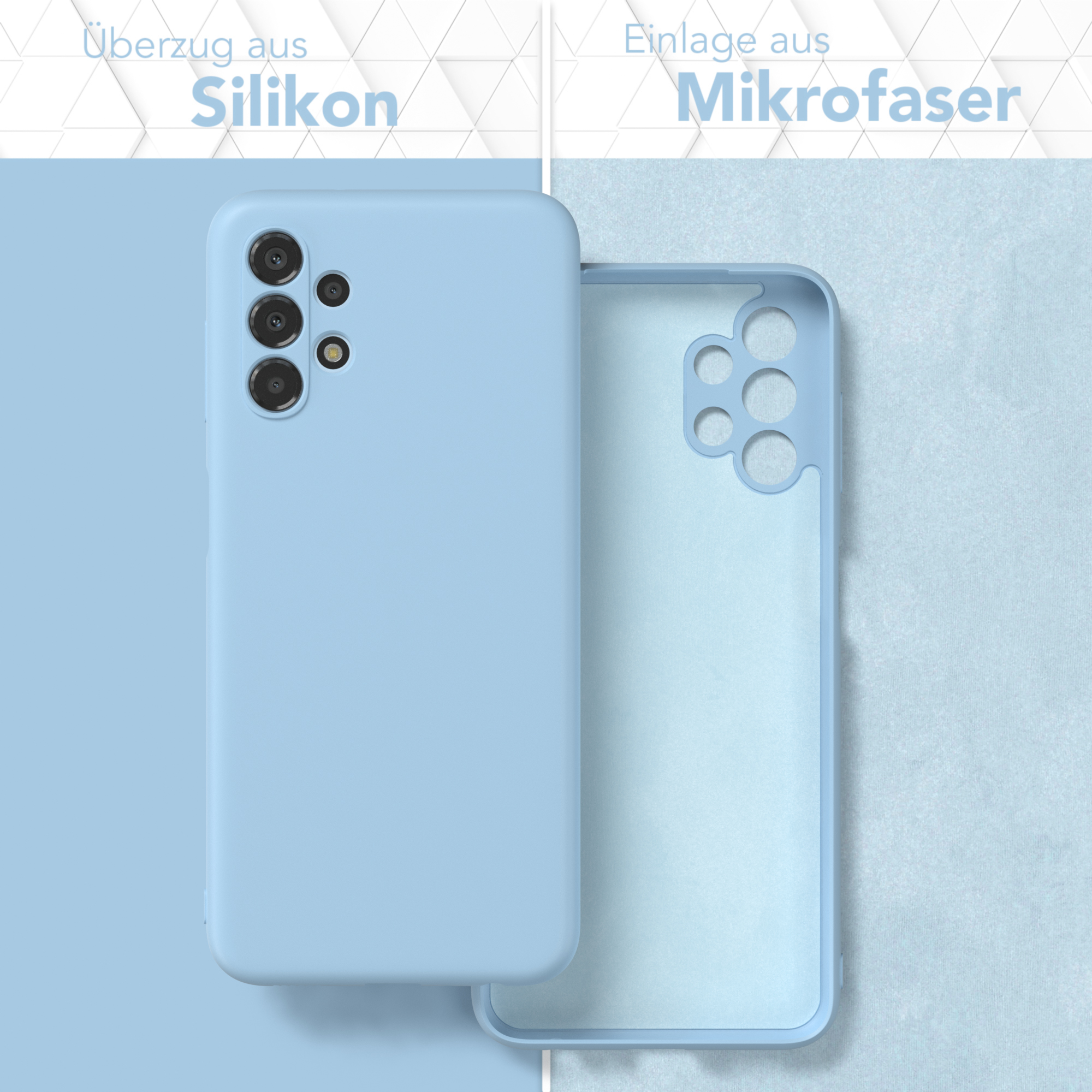 Handyhülle mit blauem Silikon außen und Mikrofaser innen, mit einem Vergleich nebeneinander.