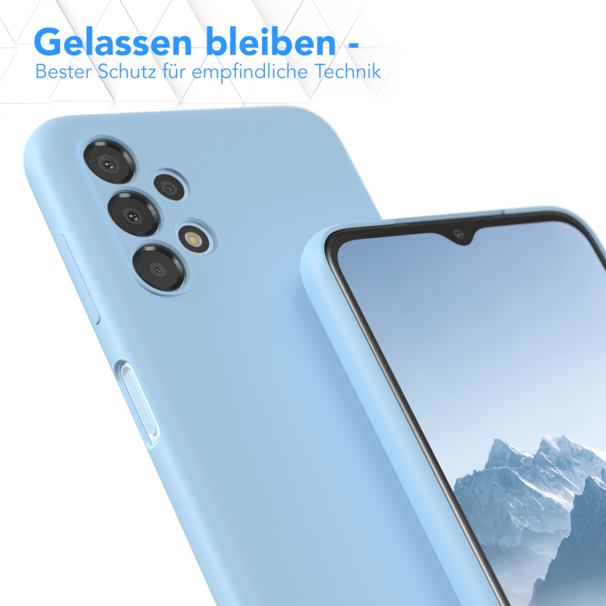 Hellblaues Telefon und Hülle. Die Hülle bedeckt die Rückseite und die Seiten des Telefons. Weißer Hintergrund.