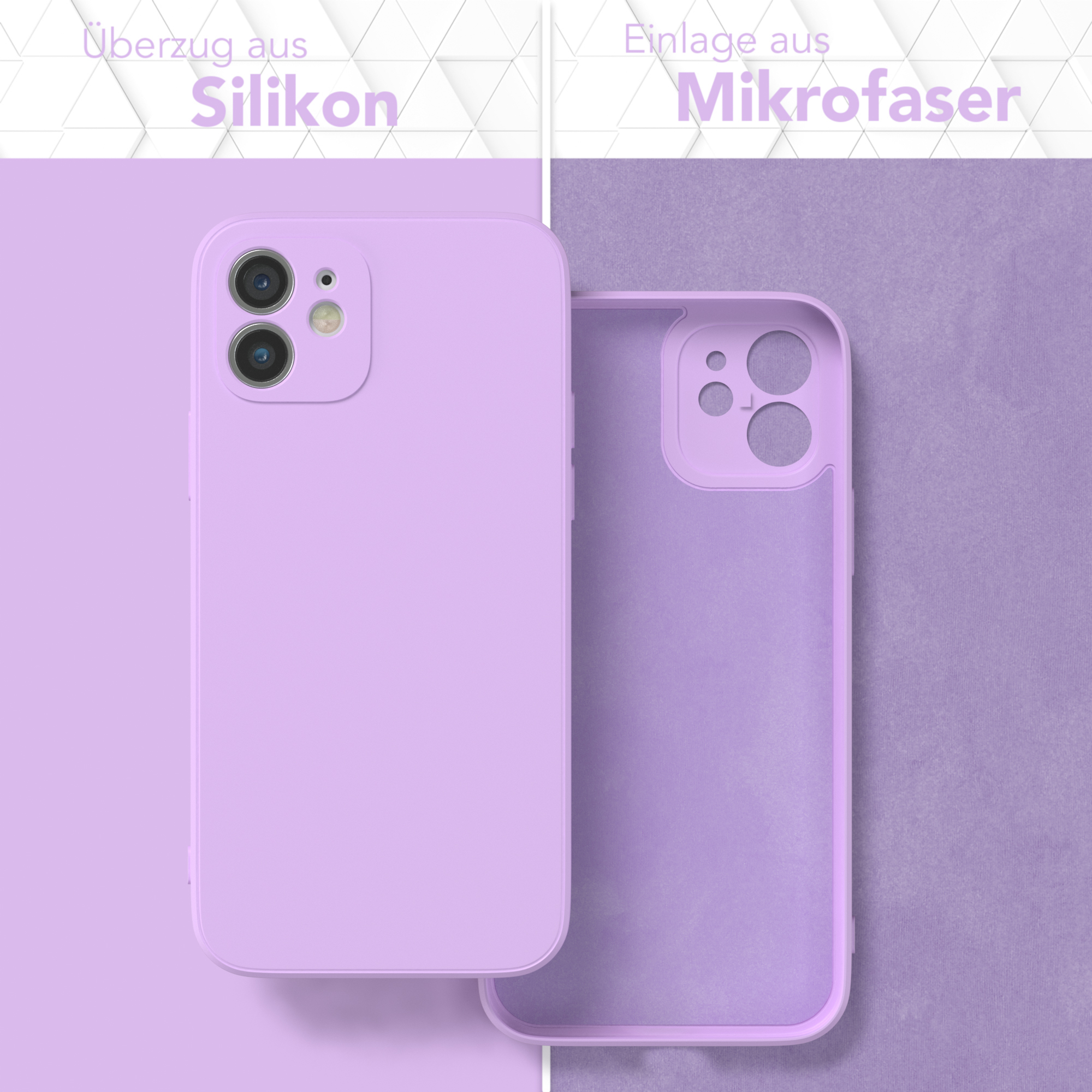 Eine lila Handyhülle mit helllila Innenseite. Text links zeigt die Silikonoberfläche und das Mikrofasermaterial.