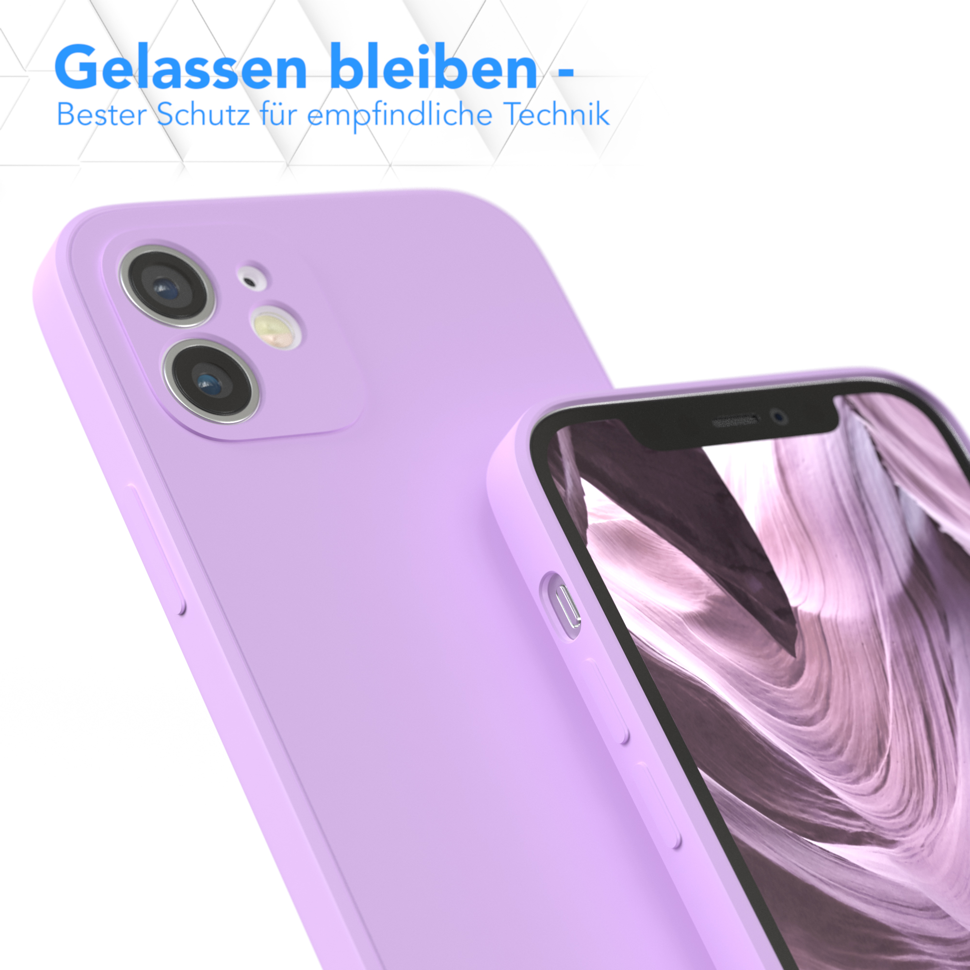 Eine lila Handyhülle mit einem Telefon darin. Zeigt die Rückseite des Telefons und die Seite der Handyhülle.