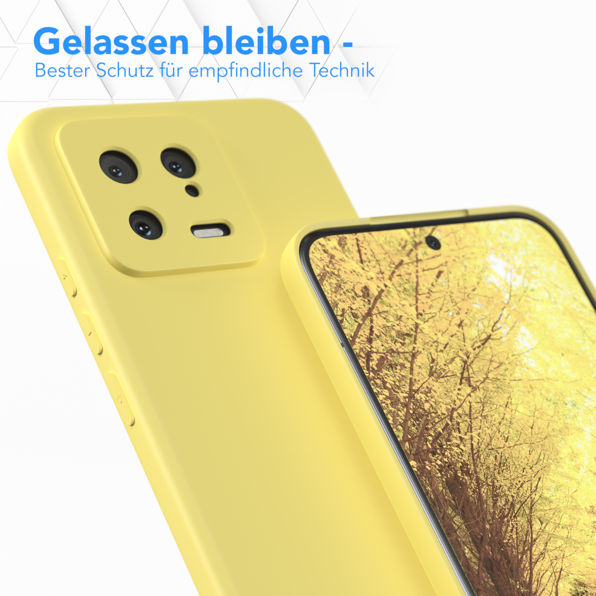 Eine gelbe Handyhülle und ein Handy mit einem Bildschirm, der eine gelb-grüne Landschaft zeigt.