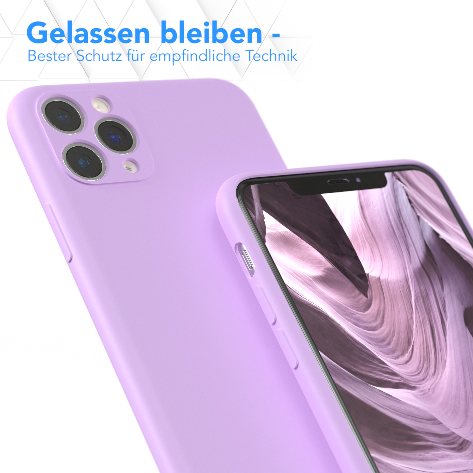 Lila Handyhülle mit Smartphone. Nahaufnahme, Schutzkleidung gezeigt.