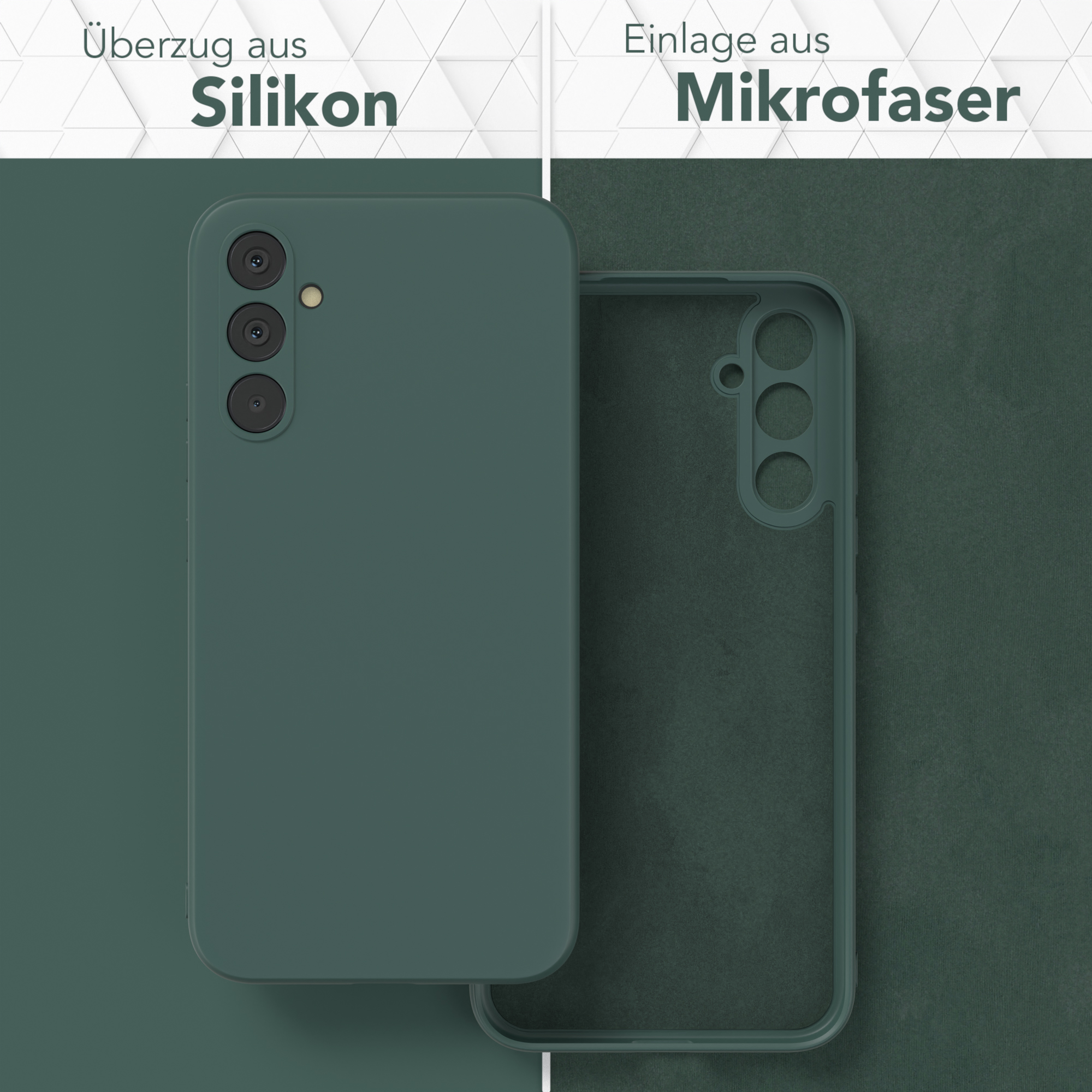 Grüne Handyhülle, innen transparent. Silikon- und Mikrofaser-Materialien werden erwähnt.