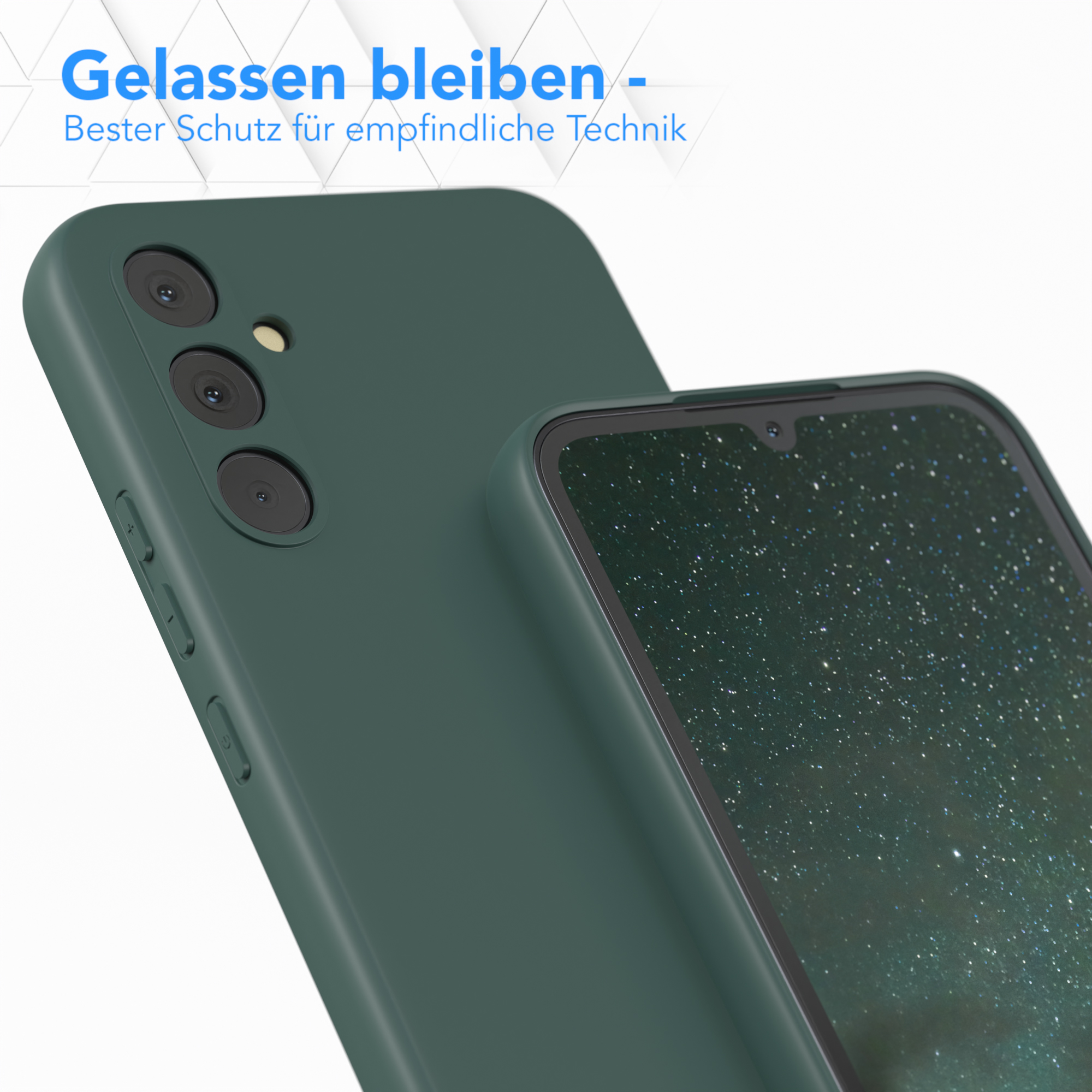Nahaufnahme einer grünen Handyhülle mit einem Telefonbildschirm im Inneren.