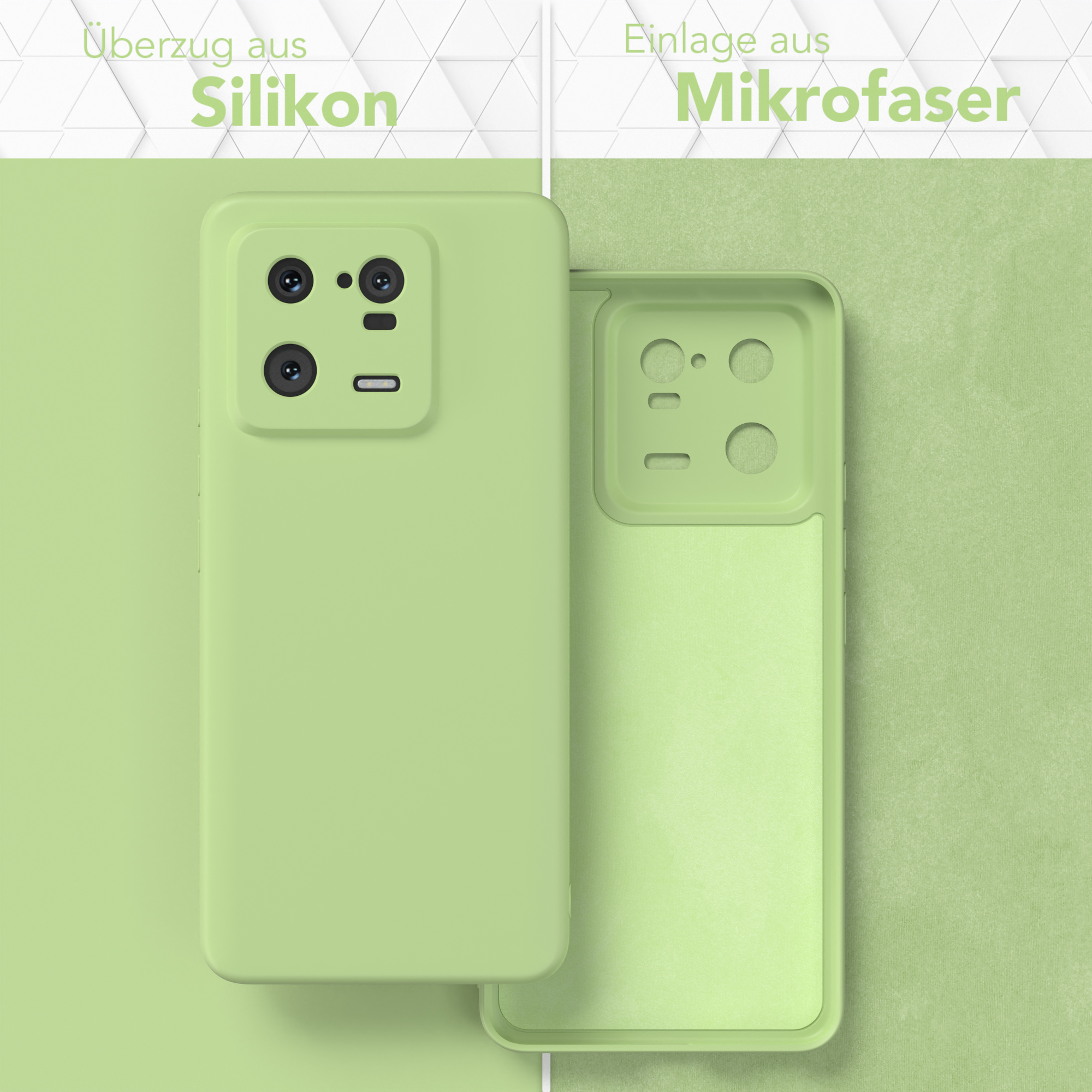Grüne Handyhülle mit äußerer Silikonschicht und innerer Mikrofaser.