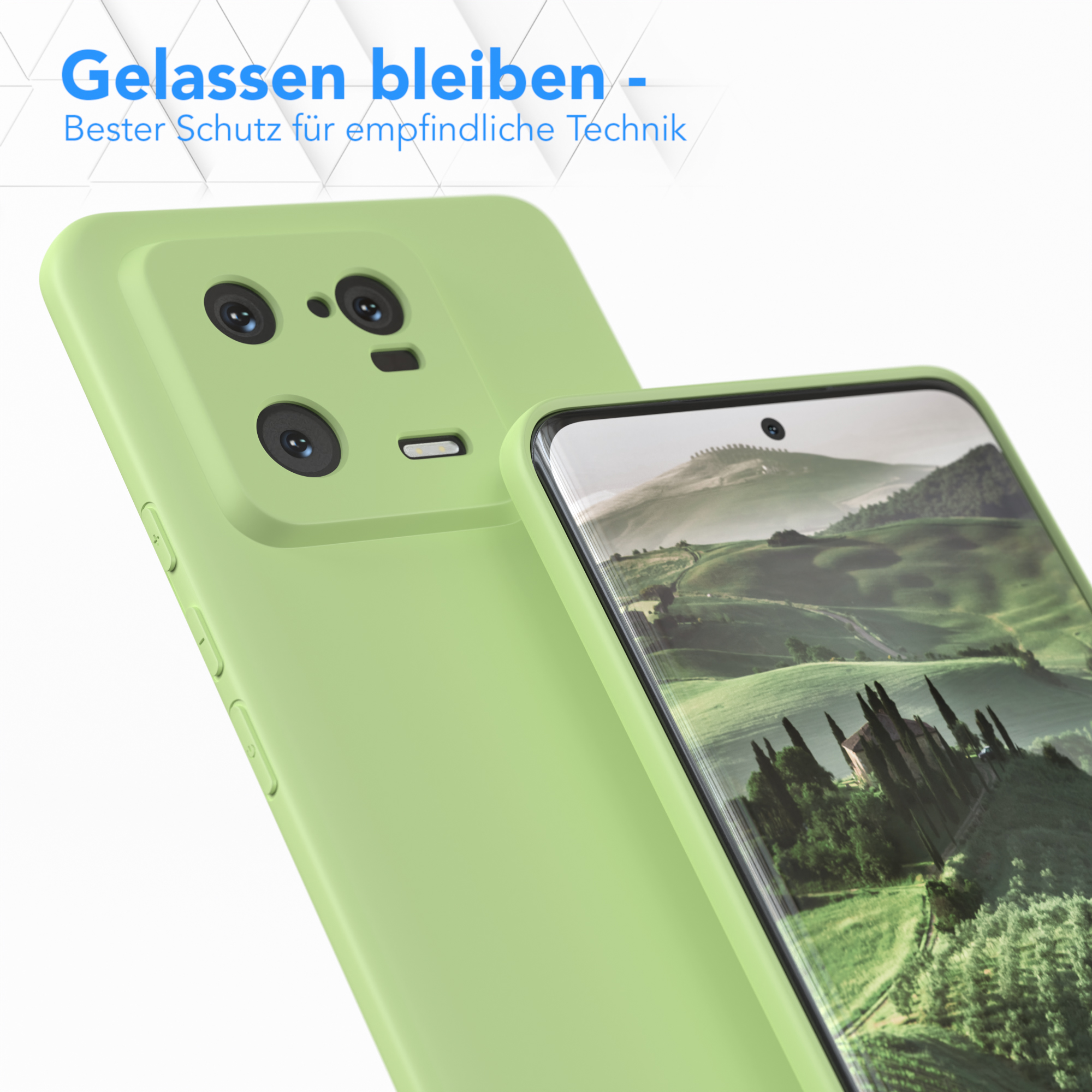 Grüne Handyhülle schützt Telefon mit malerischem Hintergrund auf dem Bildschirm.