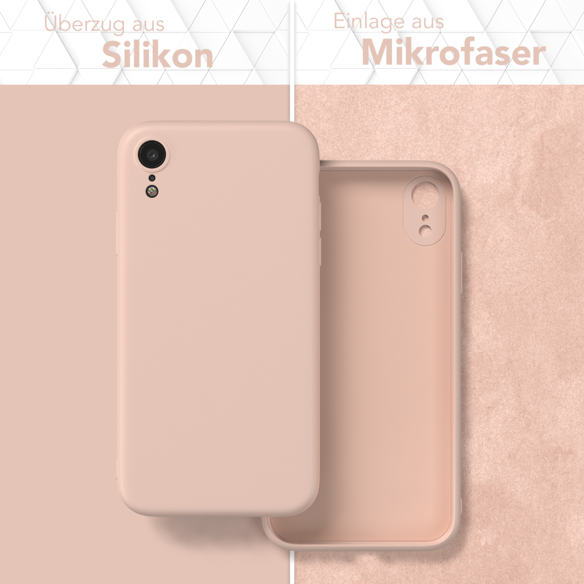 Eine hellrosa Handyhülle in zwei Teilen. Eines zeigt das Telefon. Das andere ist ein rosa Innenraum.