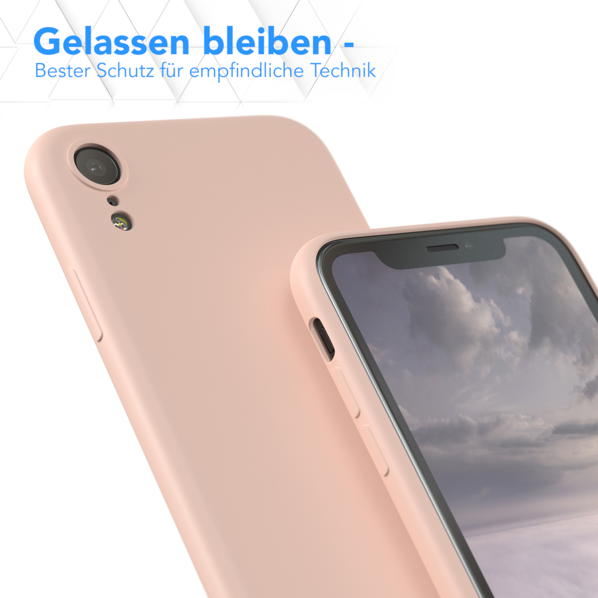 Eine rosa Handyhülle mit Text zum Schutz empfindlicher Technik vor weißem Hintergrund.