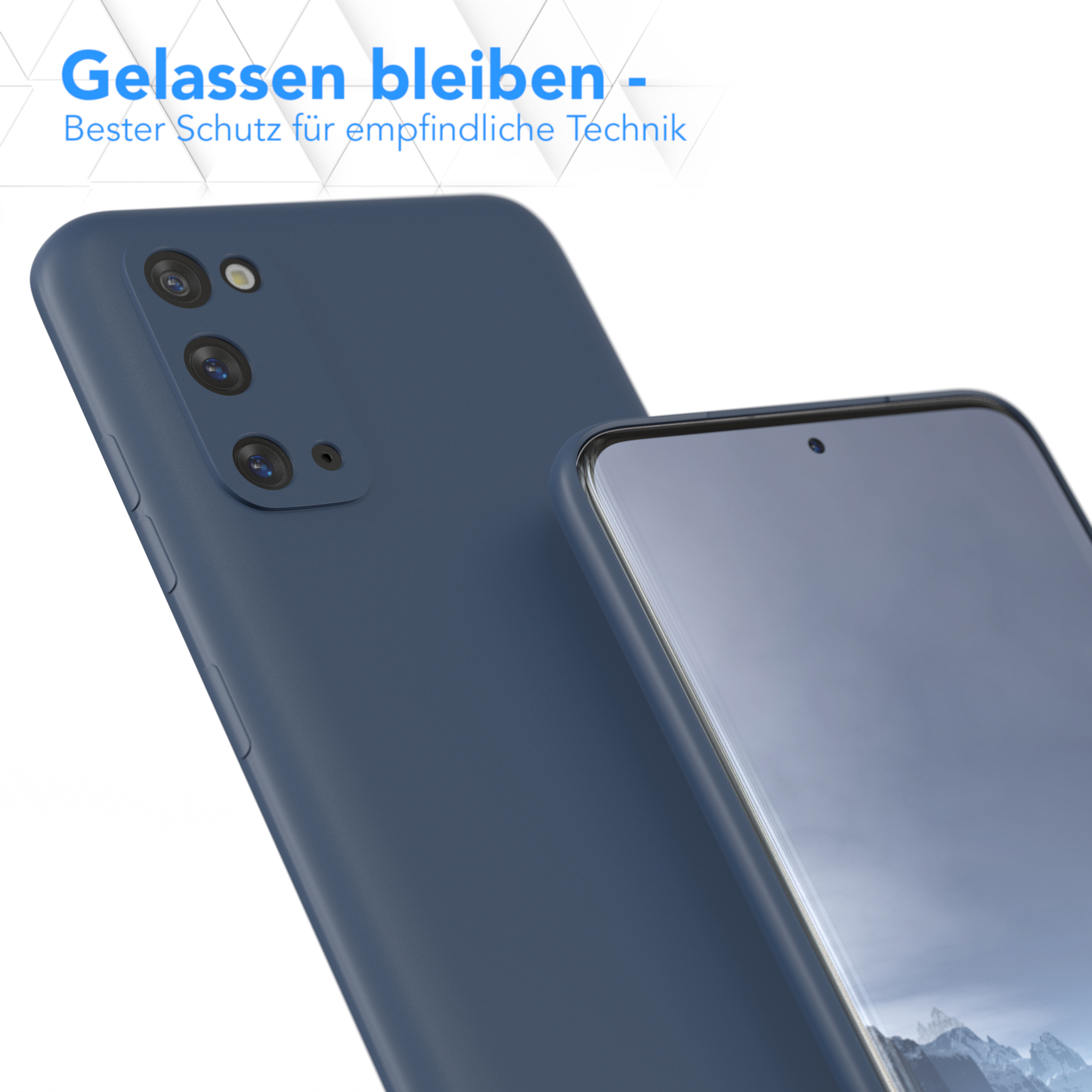 Eine marineblaue Handyhülle und ein Telefon. Zeigt die Hülle auf dem Telefon, mit Etiketten für den Schutz.