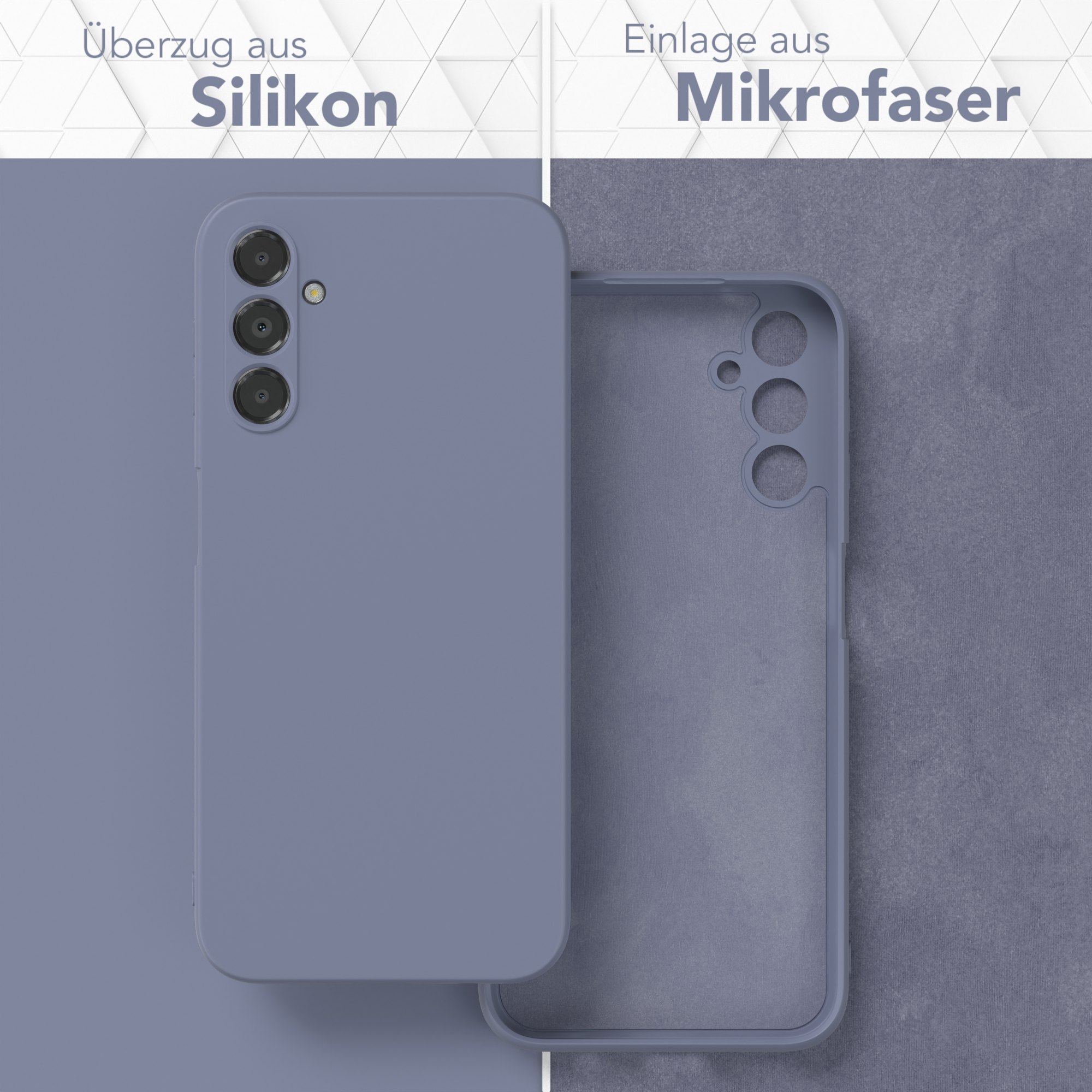 Handyhülle und ihr inneres Mikrofasermaterial, Außen- und Innenseite.