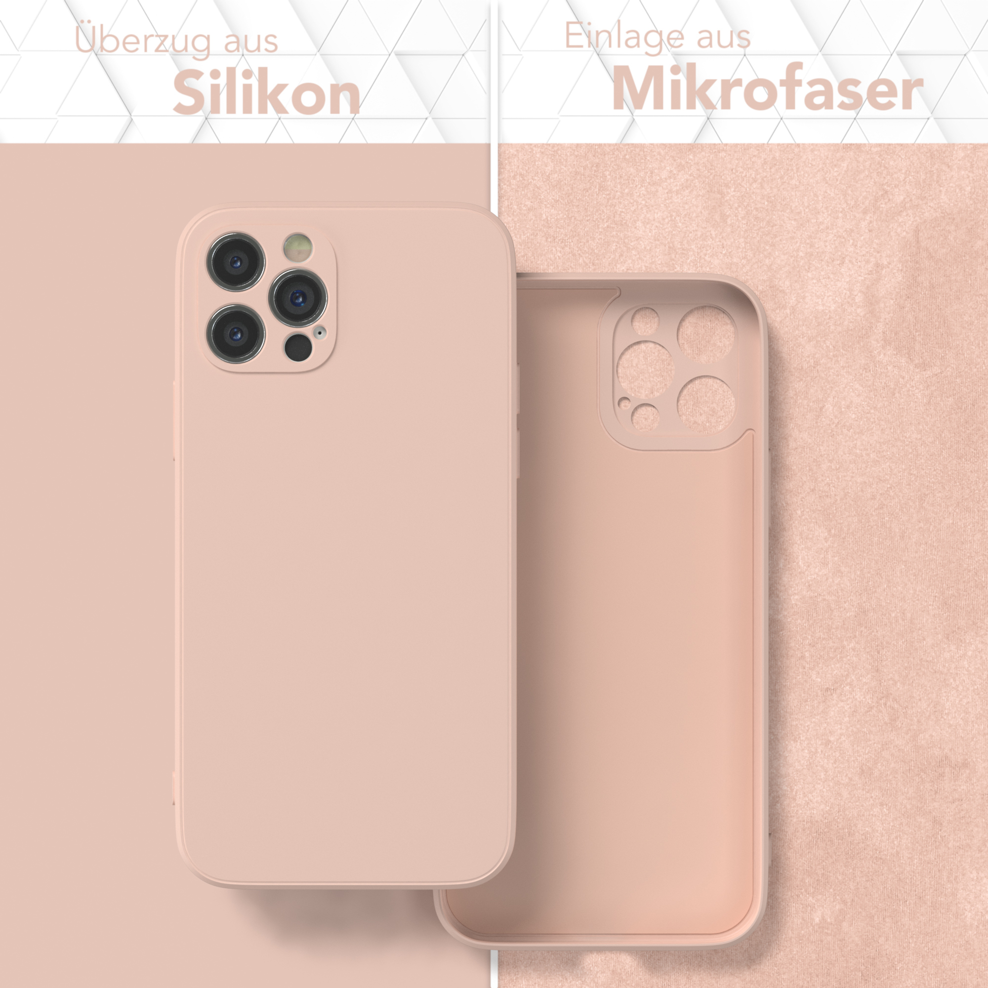 Beige Handyhülle, neben einer durchsichtigen Hülle. Text: Silikonhülle, Mikrofaser-Einsatz.